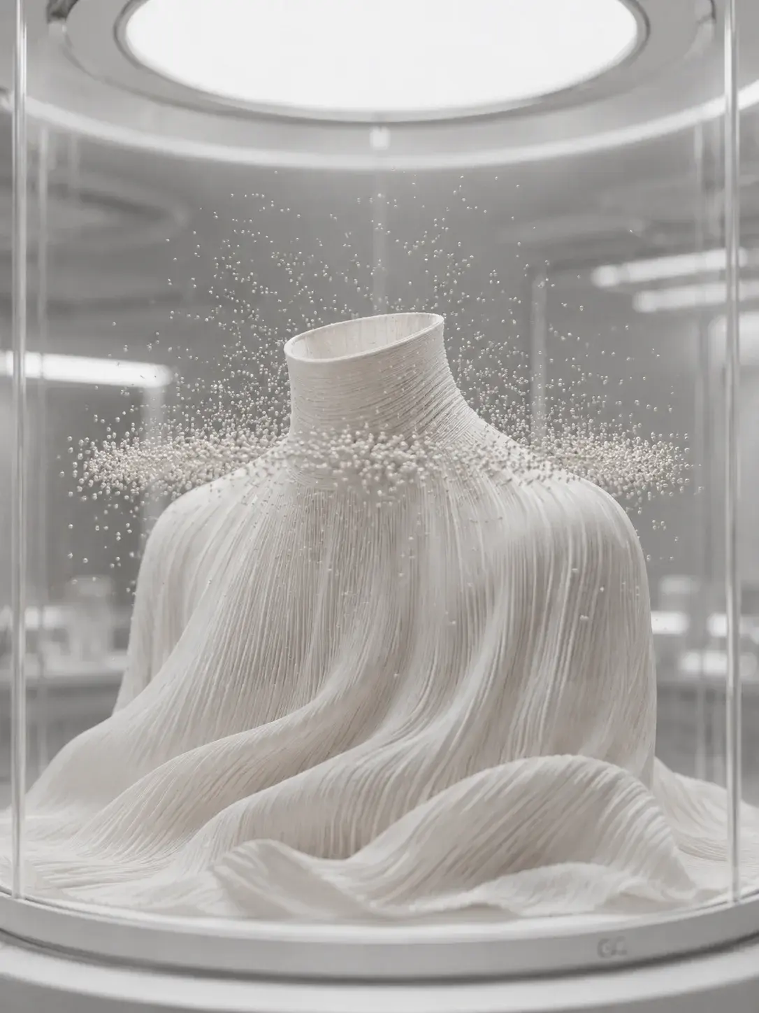 Sculpture textile plissée sous cloche en verre cylindrique, nuée de perles autour du col, environnement laboratoire