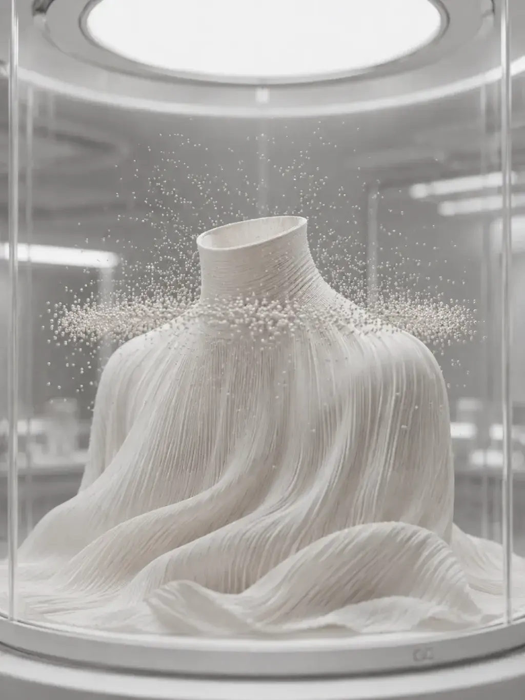 Sculpture textile plissée sous cloche en verre cylindrique, nuée de perles autour du col, environnement laboratoire