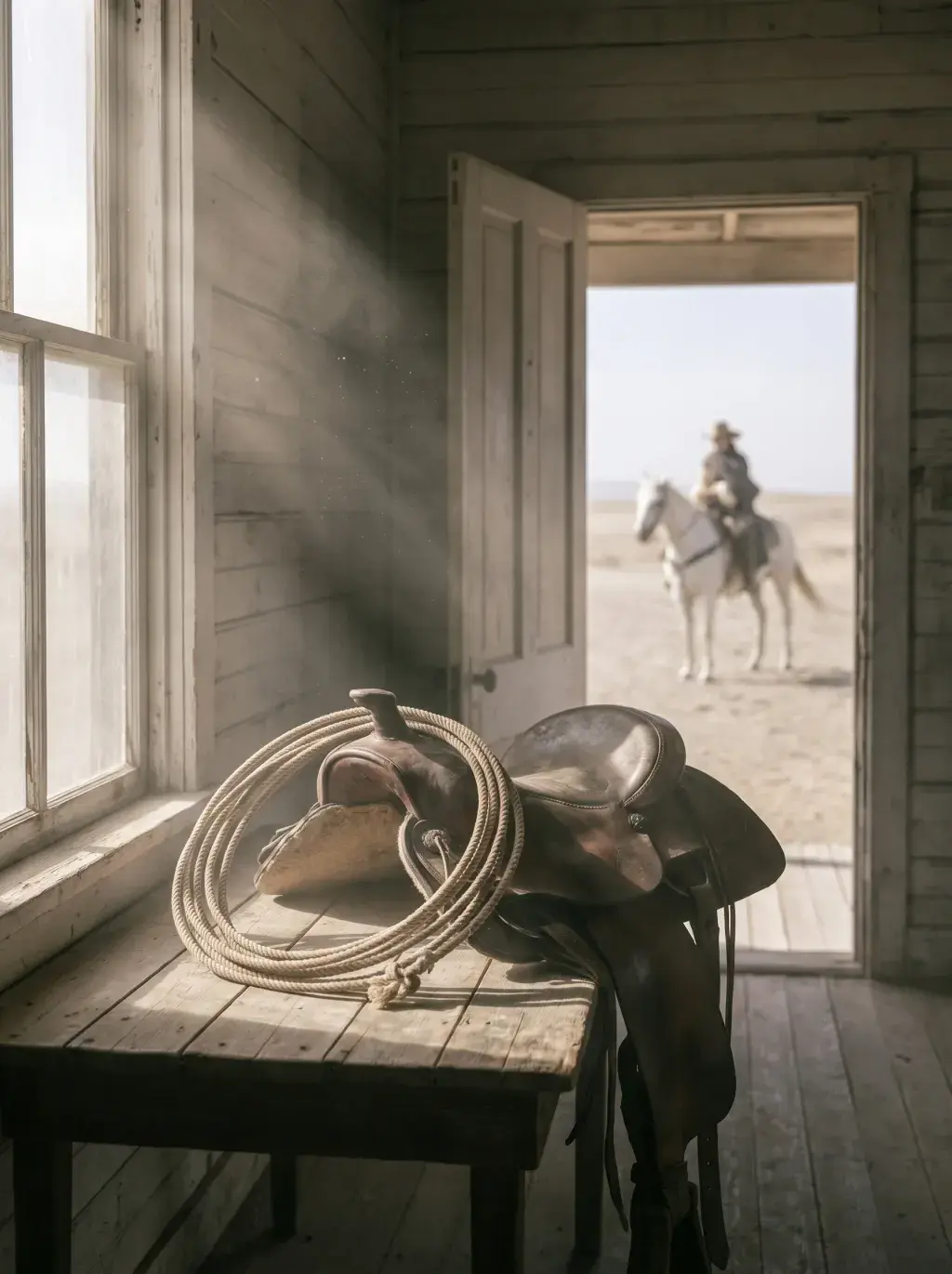 Selle et lasso sur table en bois, cavalier visible au loin par une porte ouverte sur désert