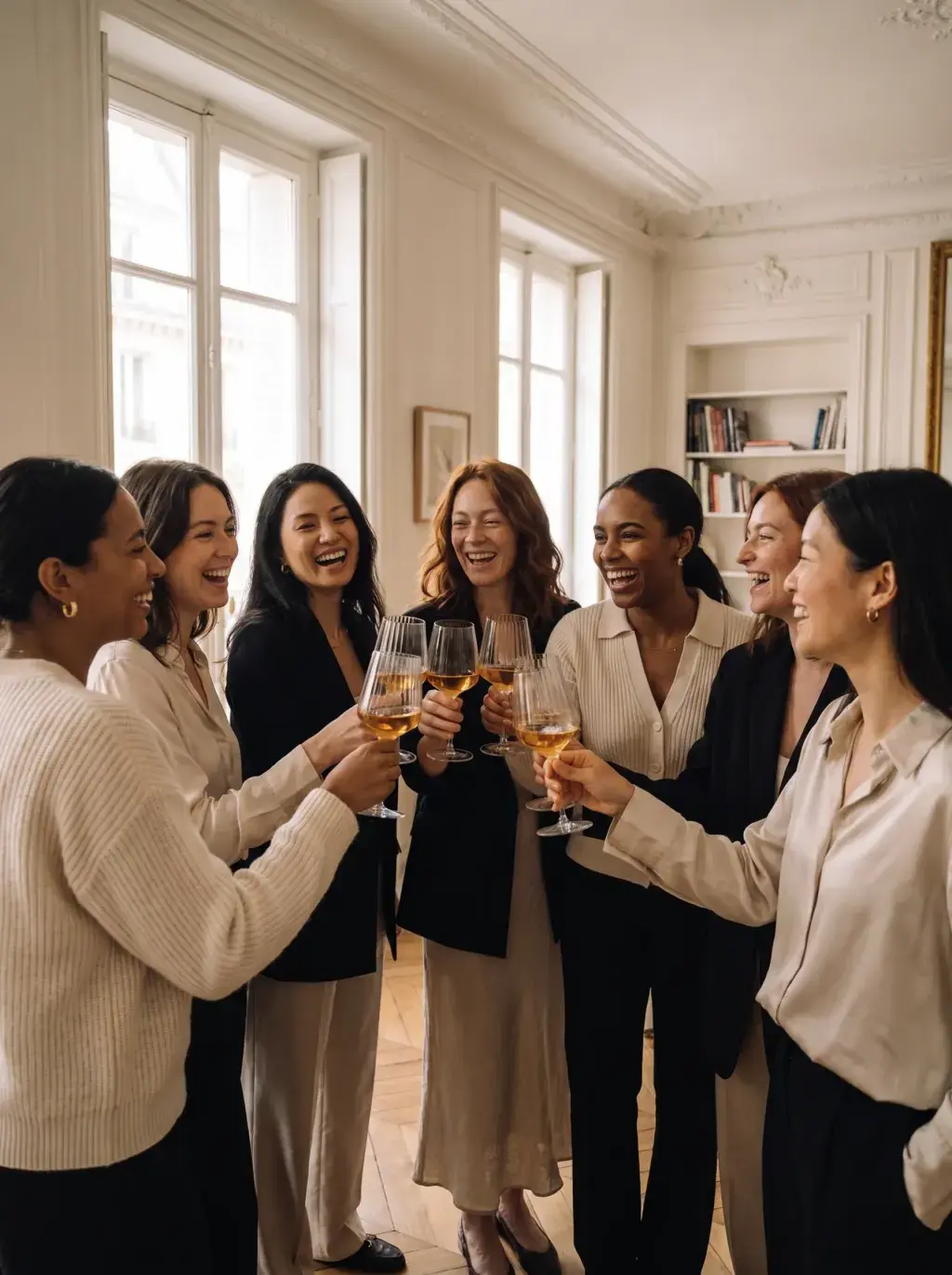 Sept femmes diverses portant un toast joyeux dans un appartement haussmannien parisien