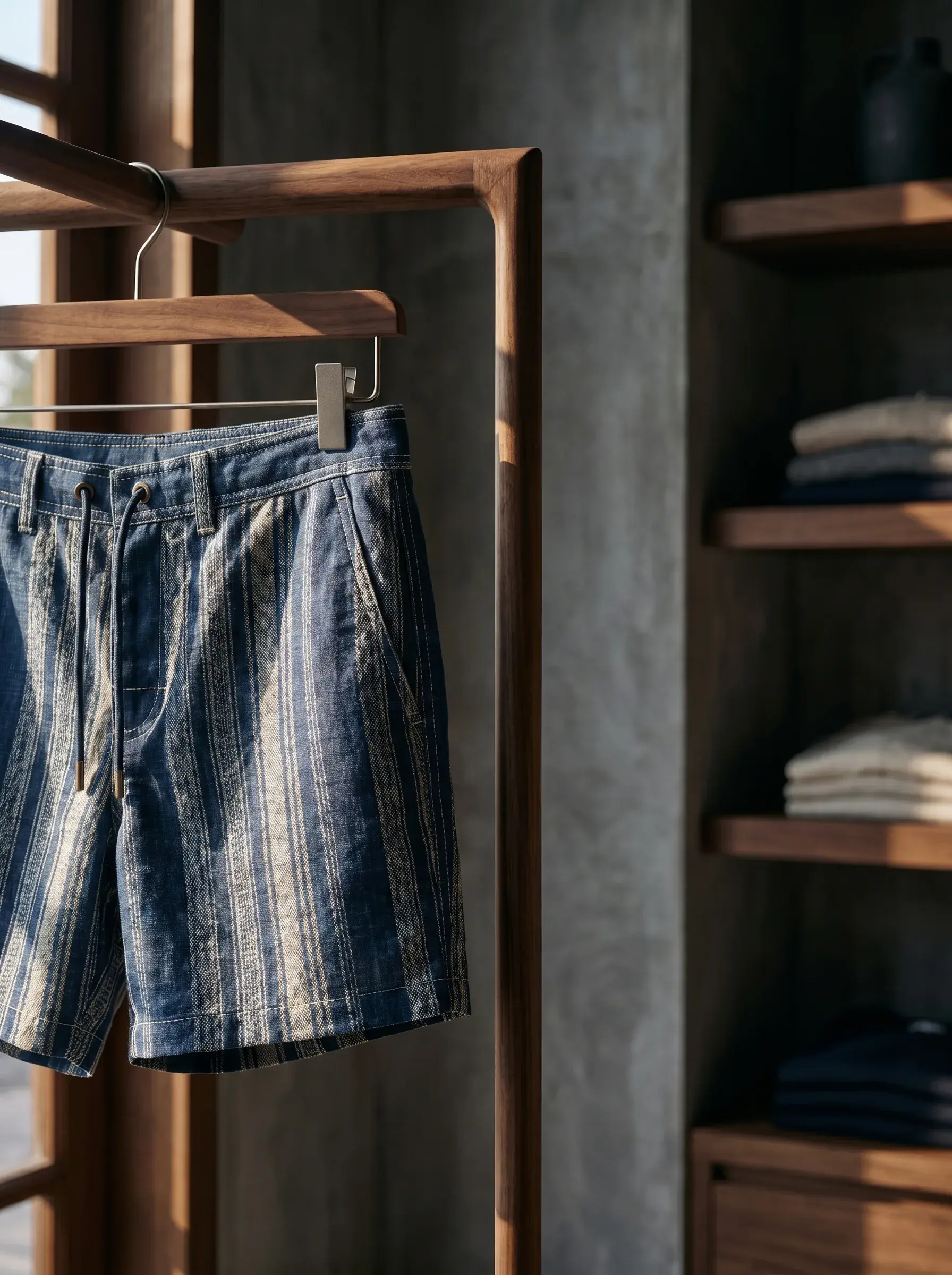 Short en lin rayé bleu et blanc sur cintre en bois