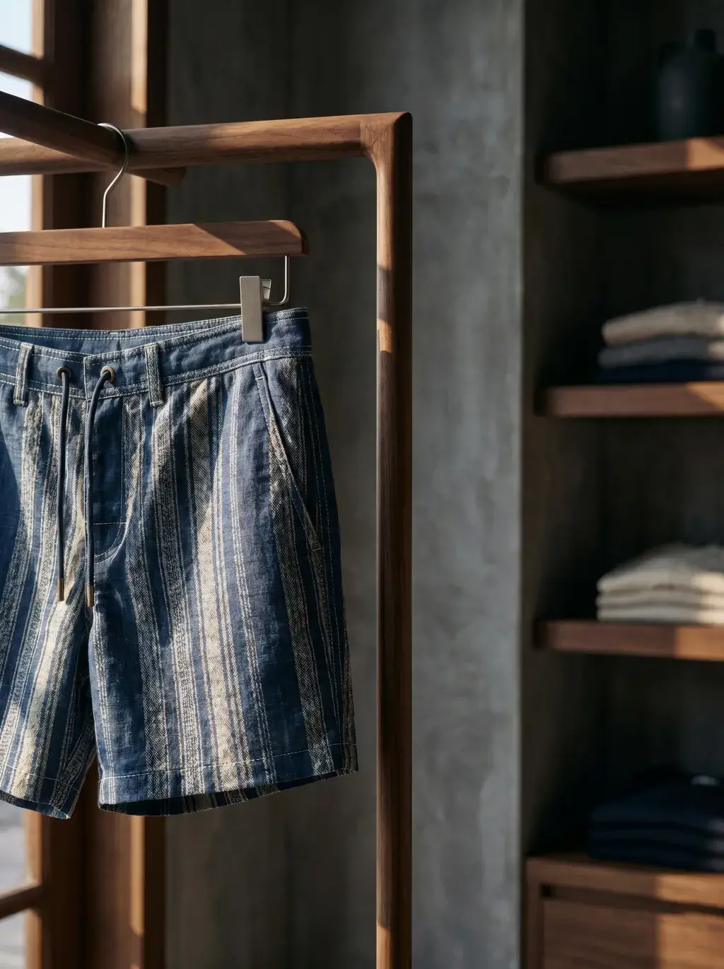 Short en lin rayé bleu et blanc sur cintre en bois