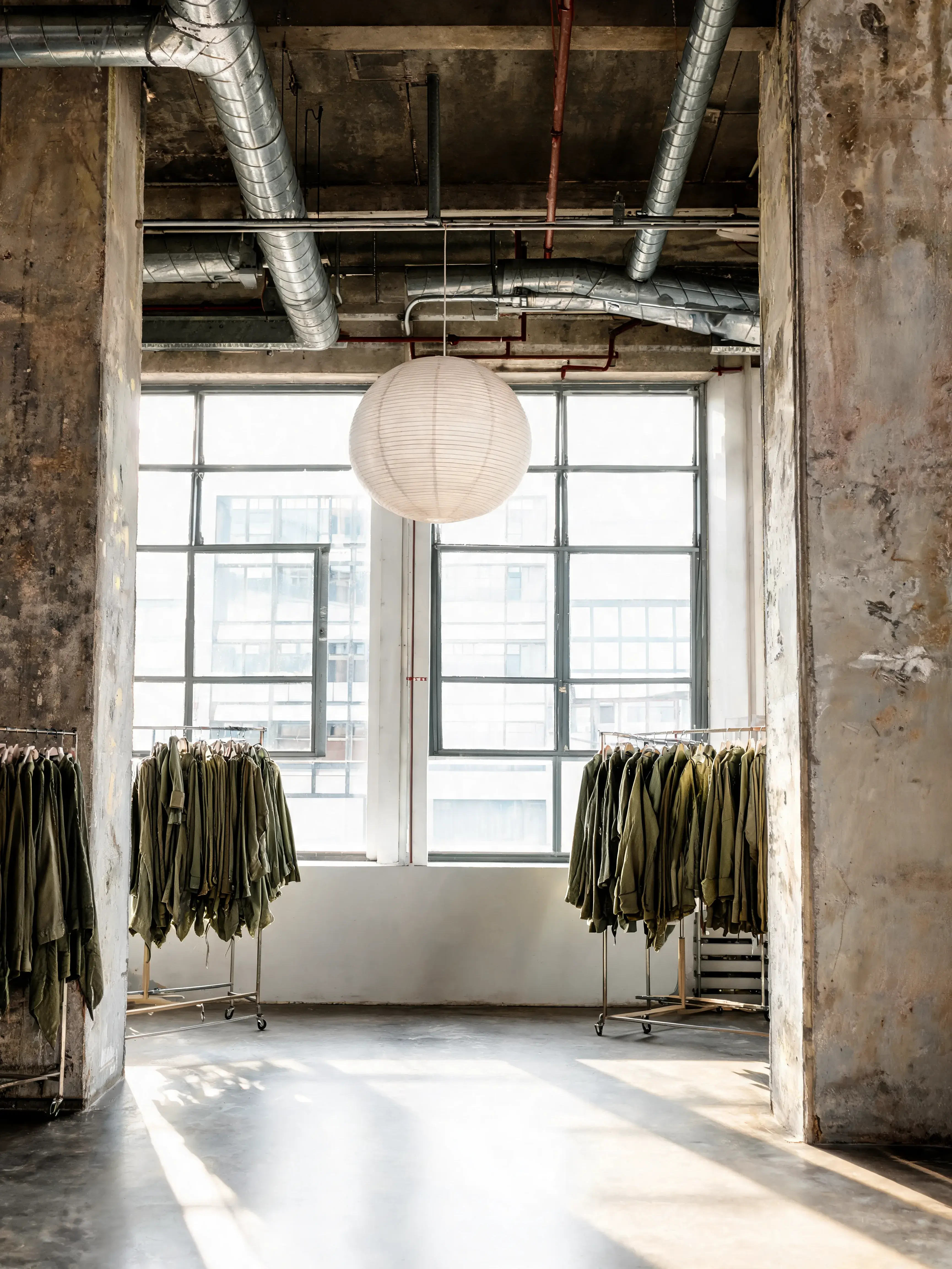 Showroom industriel portants vestes vertes