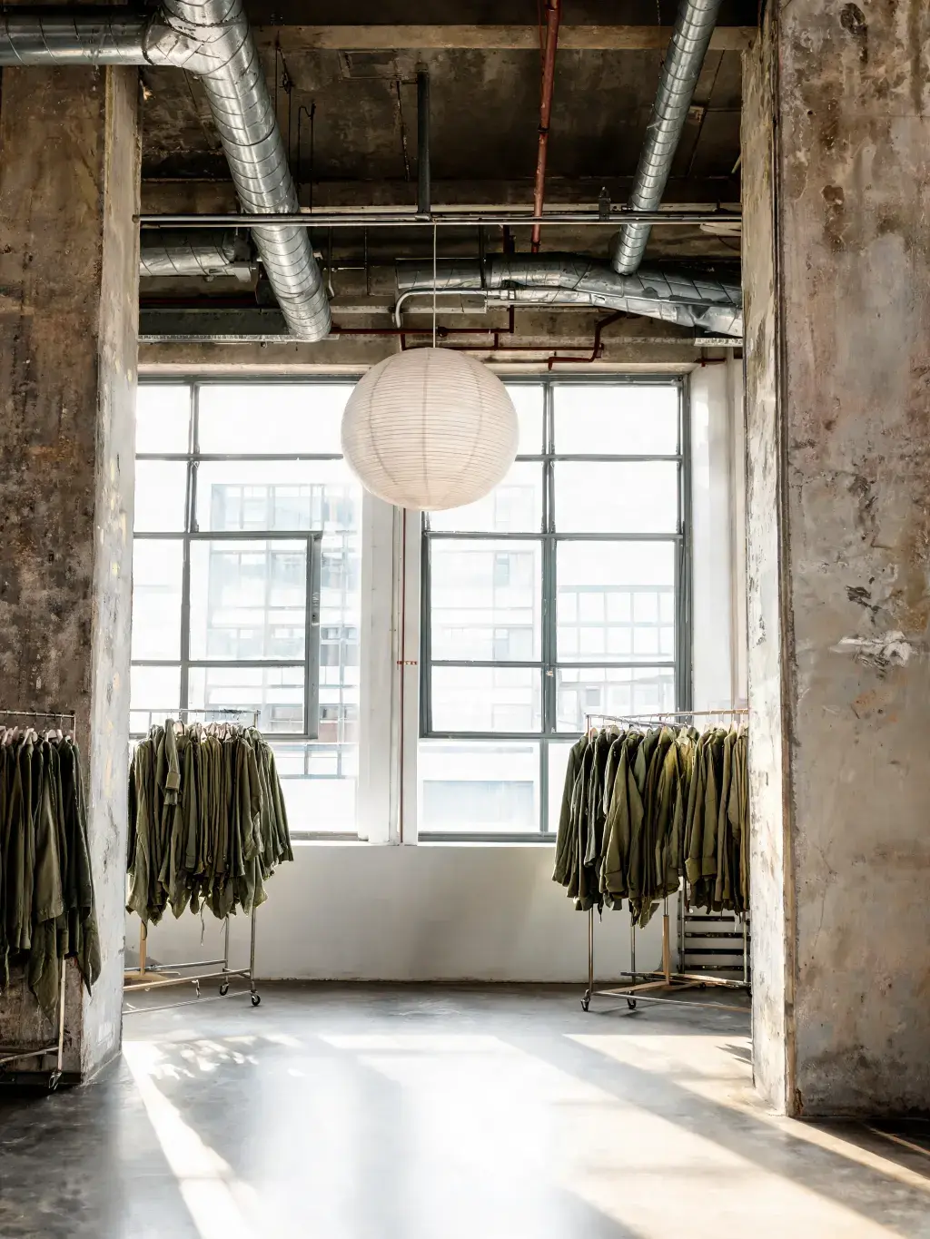 Showroom industriel portants vestes vertes