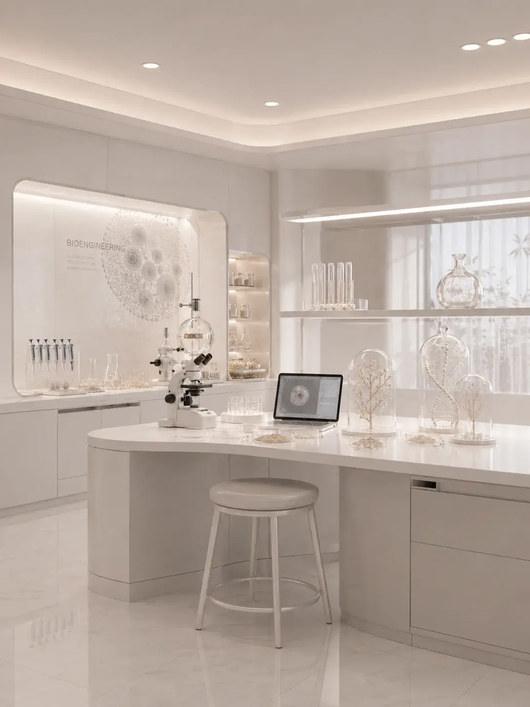 Showroom-laboratoire tout blanc, microscope et sculptures nacrées sur présentoir, esthétique futuriste