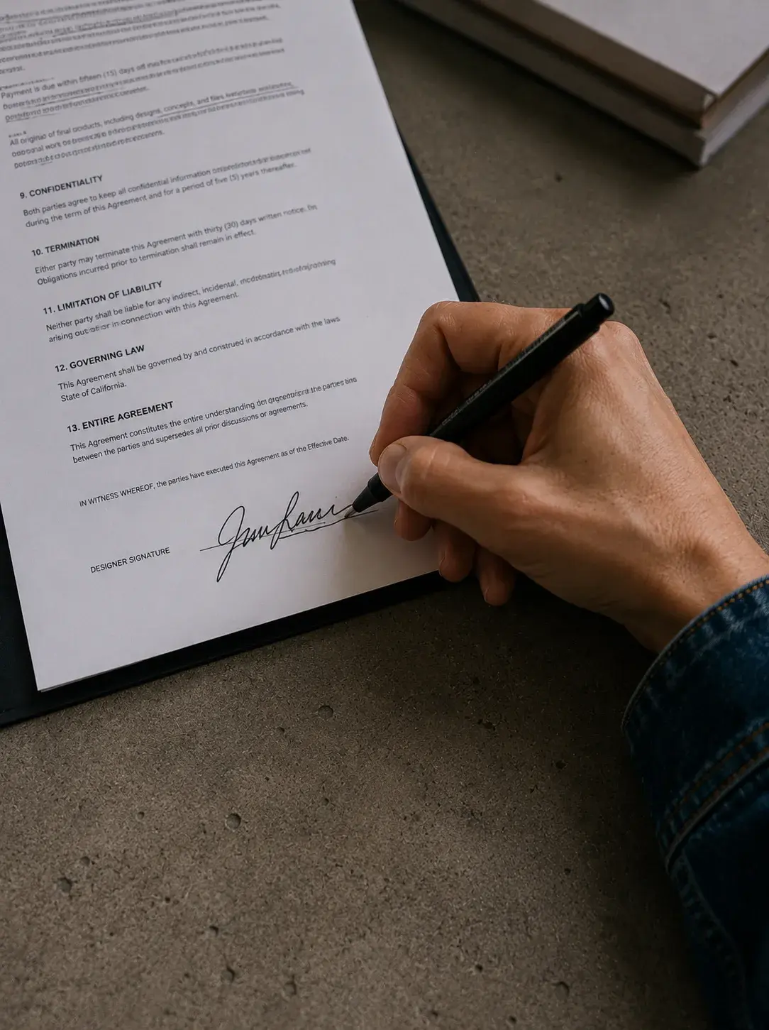 Signature de contrat – document officiel, surface béton