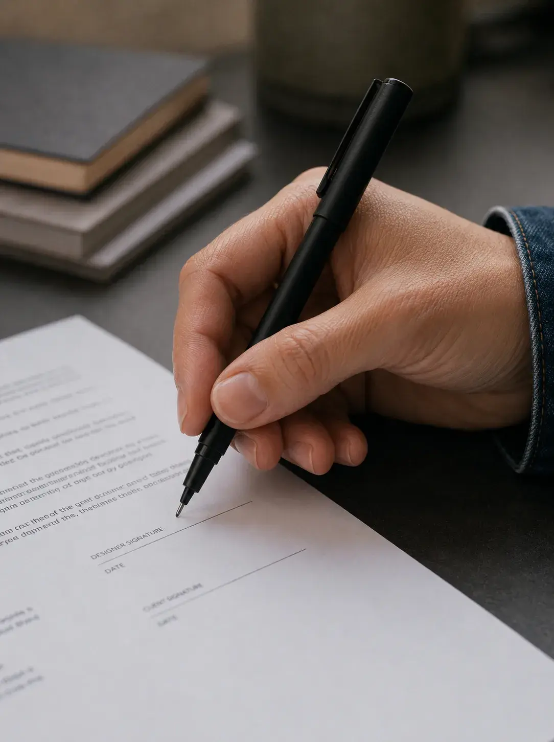 Signature de document – stylo, gros plan main, table sombre