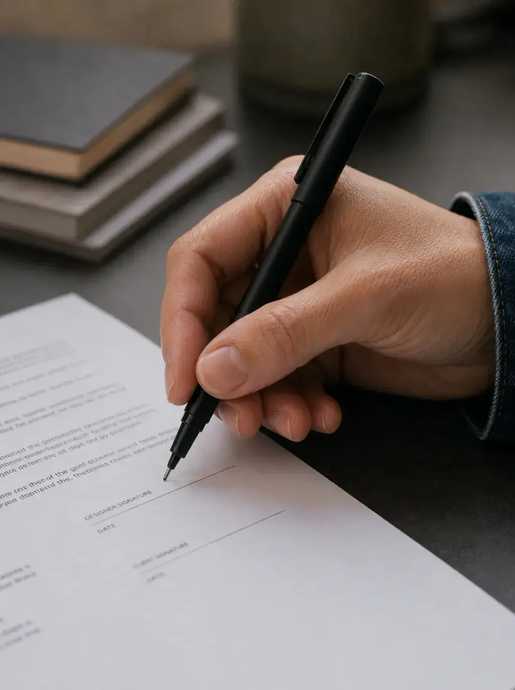 Signature de document – stylo, gros plan main, table sombre