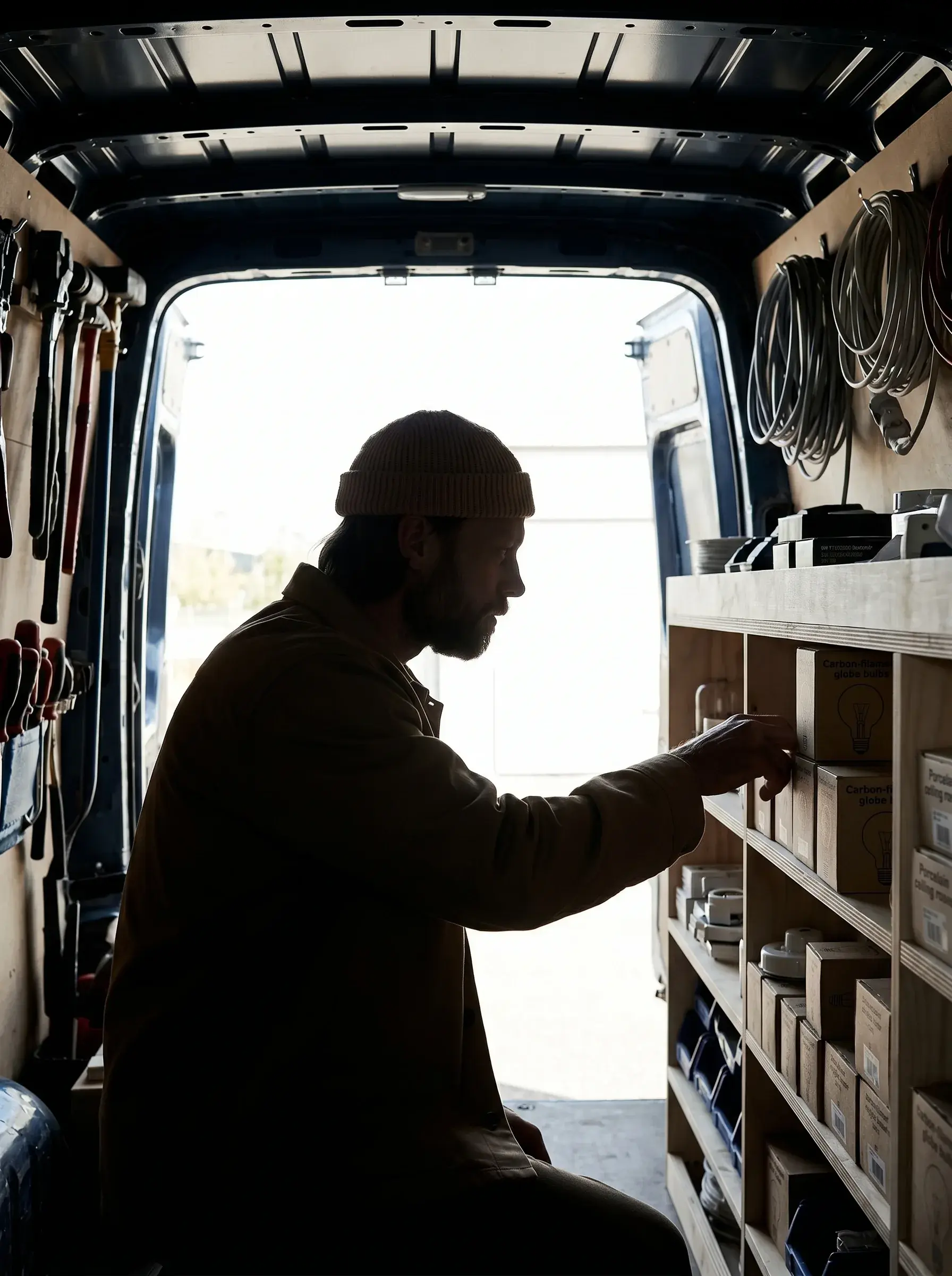 Silhouette d'un électricien organisant le rangement à l'arrière de son fourgon utilitaire