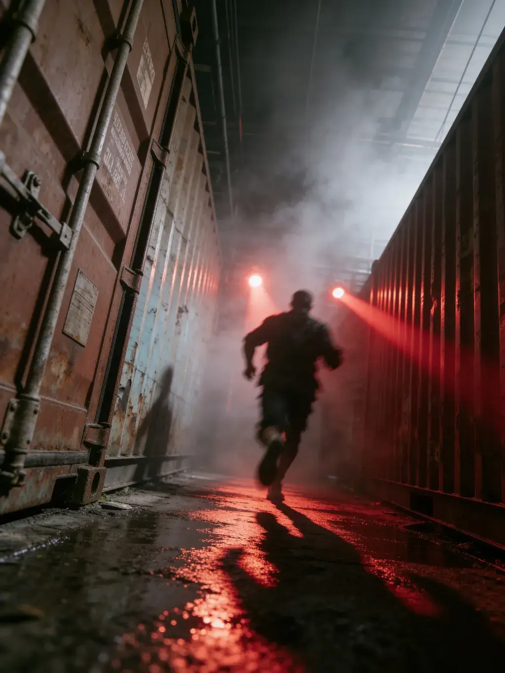 Silhouette d'un homme courant entre des conteneurs rouillés sous lumières rouges et fumée dense
