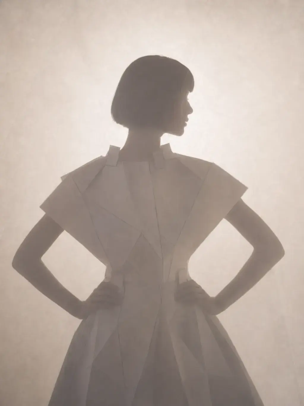 Silhouette de femme en robe géométrique blanche de dos – fond brumeux et éthéré