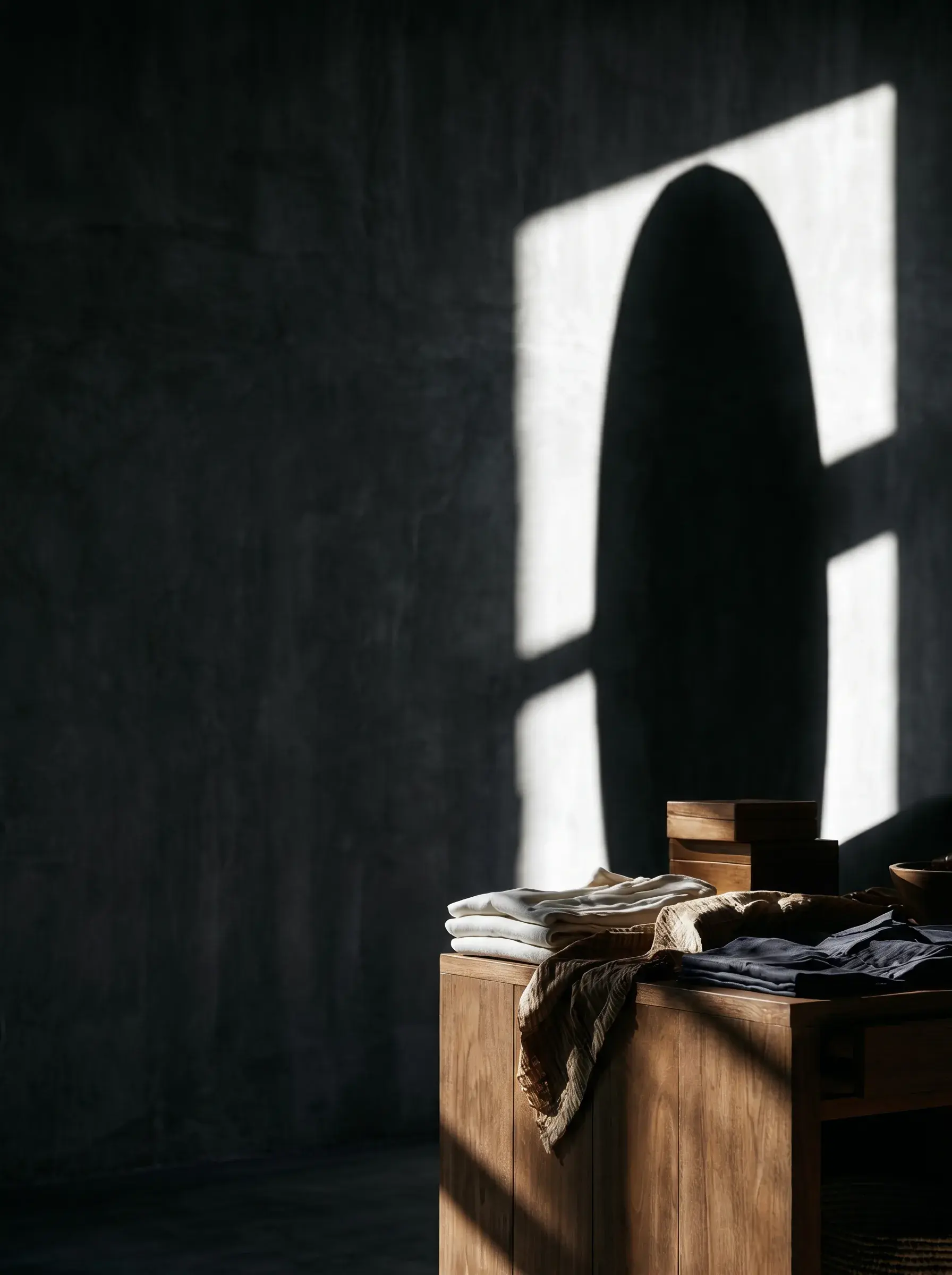 Silhouette de planche de surf contre un mur sombre avec textiles pliés sur banc en bois