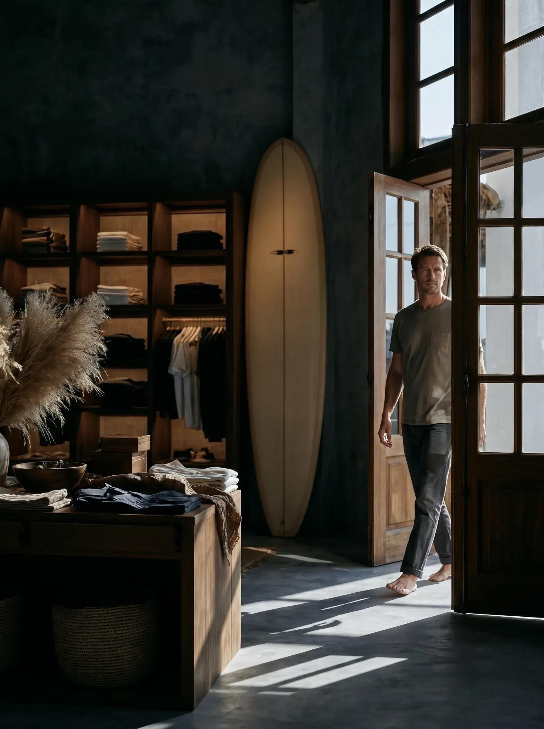 Silhouette entrant dans une boutique de surf artisanale aux étagères en bois sombre