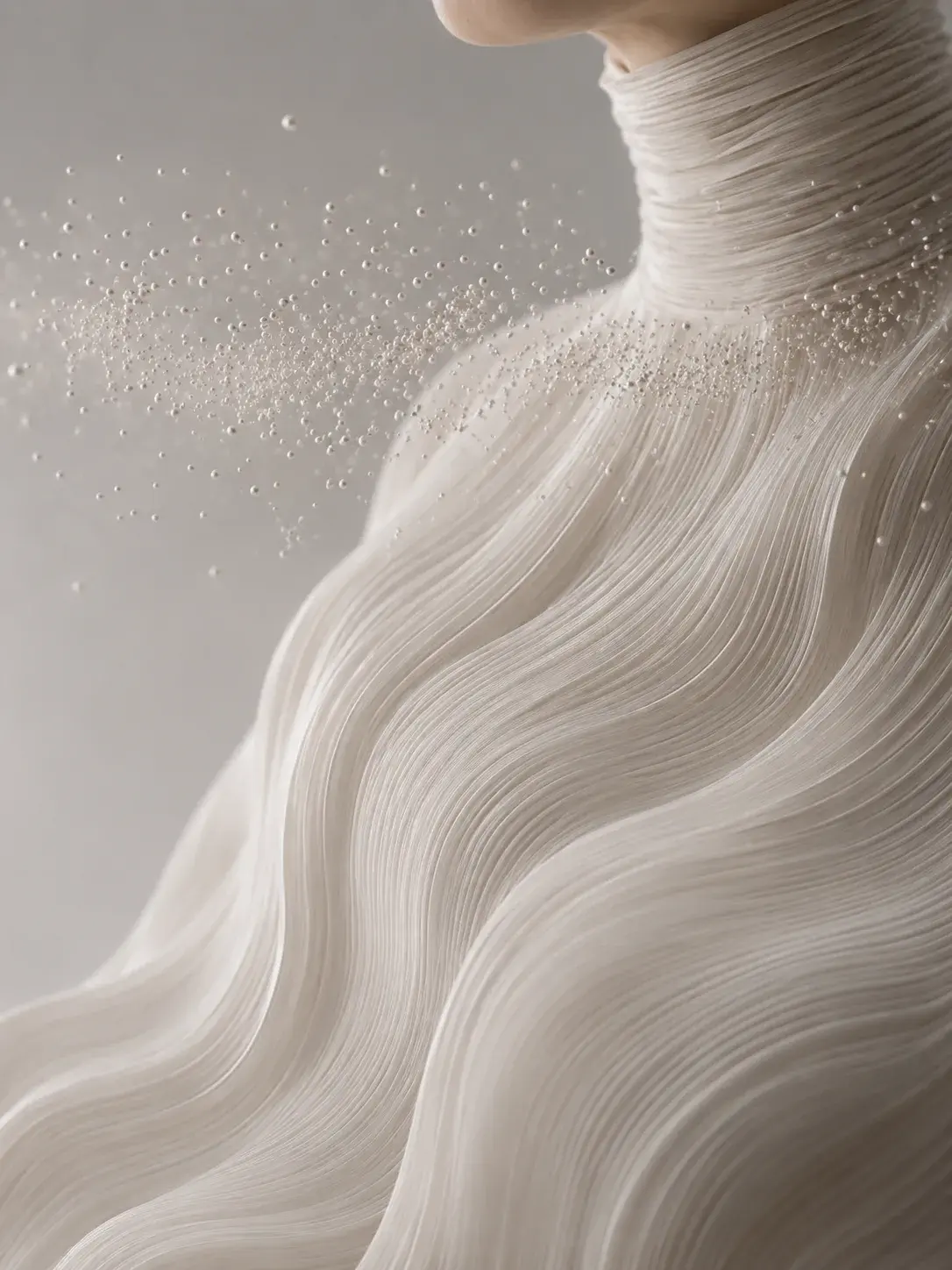 Silhouette féminine en robe plissée blanche, nuée de perles s'échappant de l'épaule