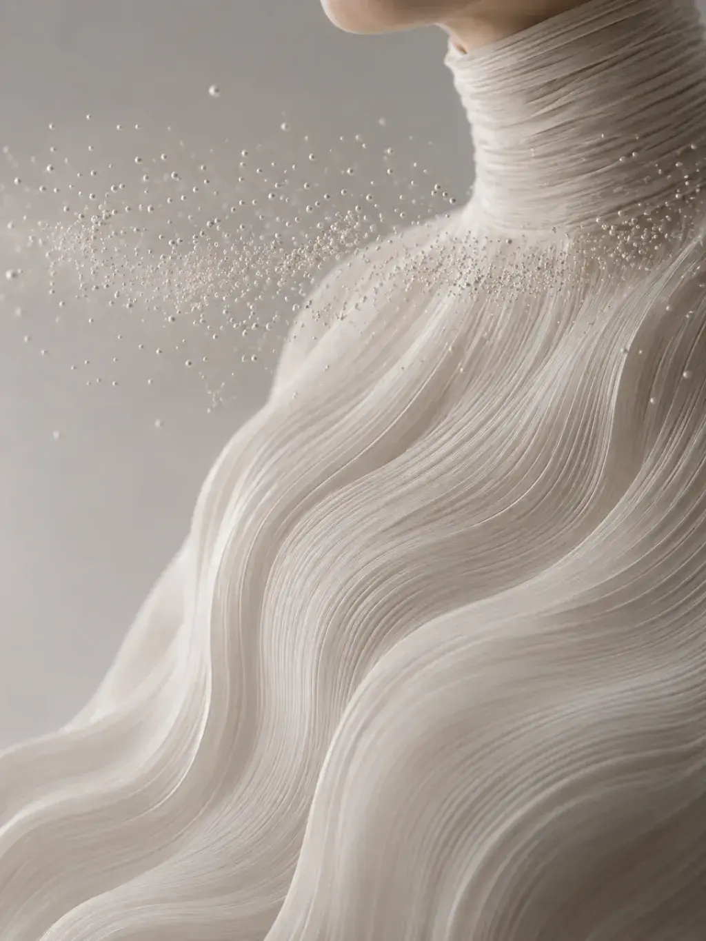 Silhouette féminine en robe plissée blanche, nuée de perles s'échappant de l'épaule