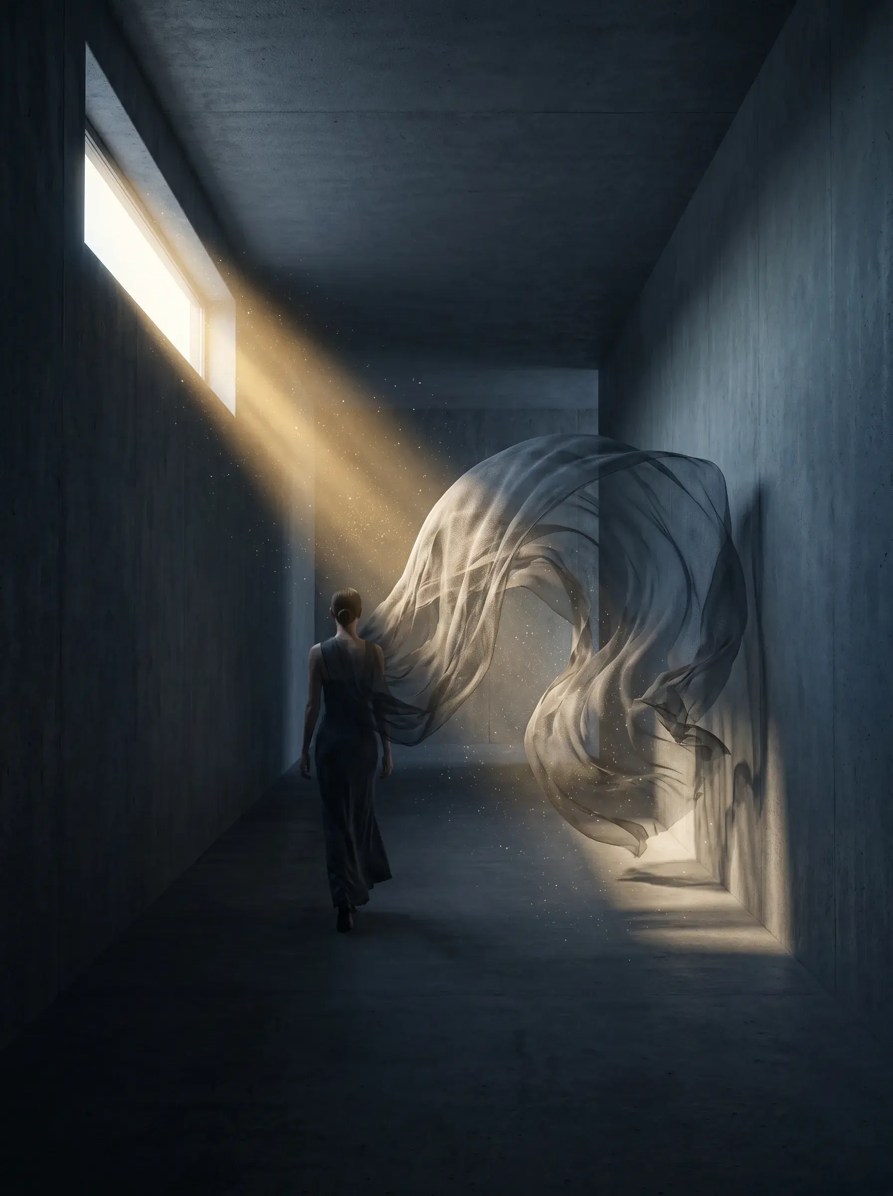 Silhouette femme dans couloir béton sombre – grand voile blanc tourbillonnant, rayon de lumière