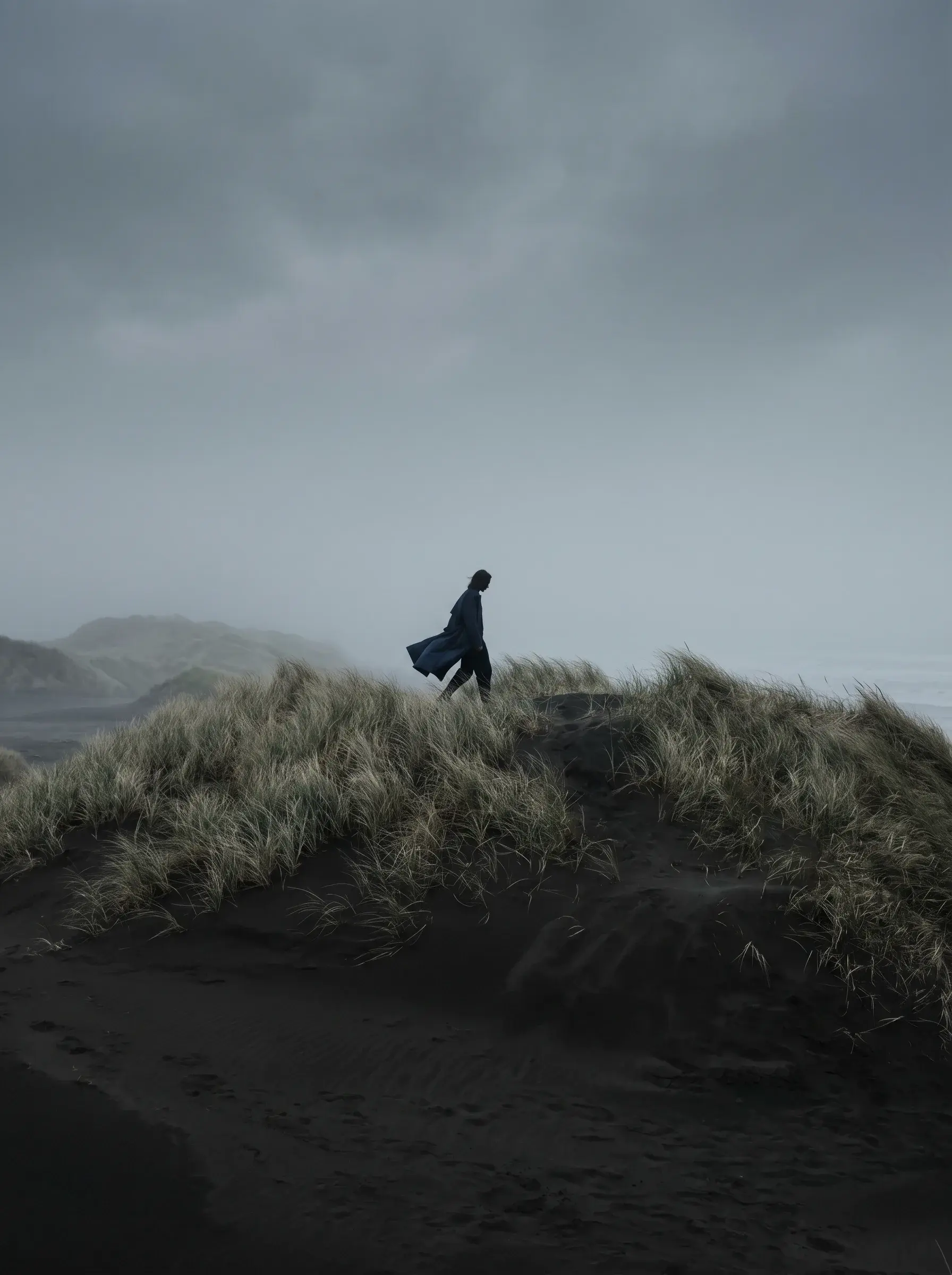 Silhouette marchant sur les dunes par temps nuageux