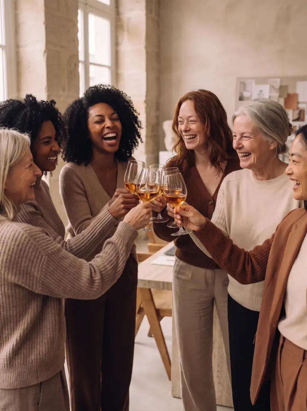 Six femmes diverses trinquant avec du vin dans leur atelier en fin de journée