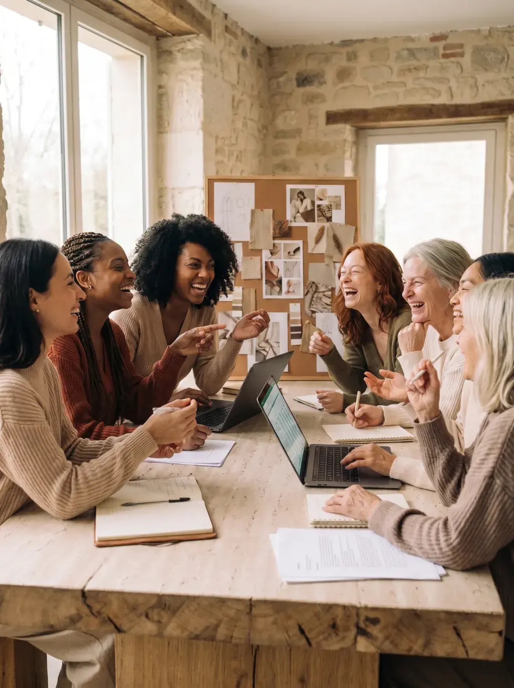 Six femmes riant ensemble autour d'une table dans un atelier en pierre avec mood board