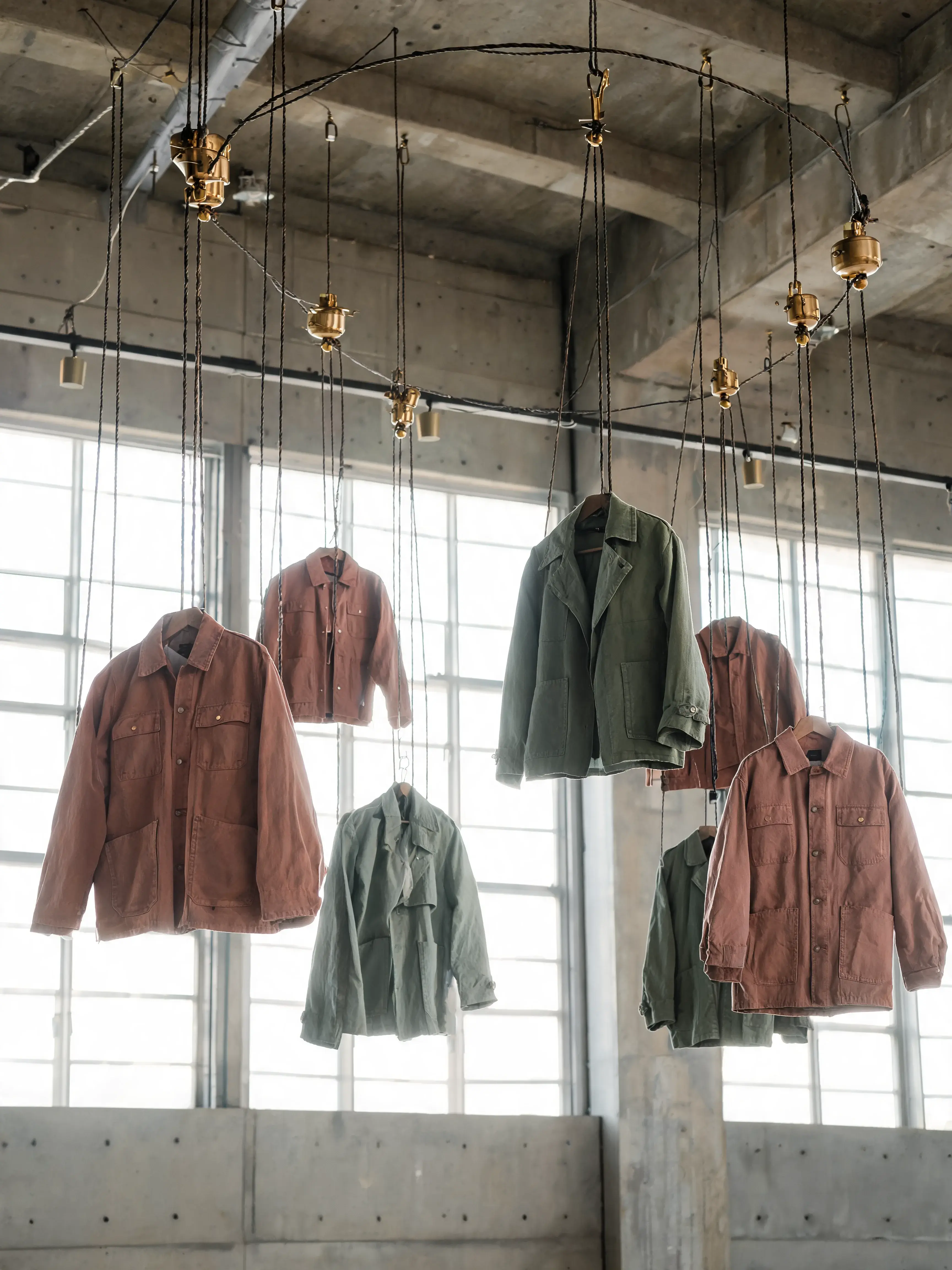 Six vestes suspendues câbles laiton rail plafond – terracotta et kaki, installation, atelier