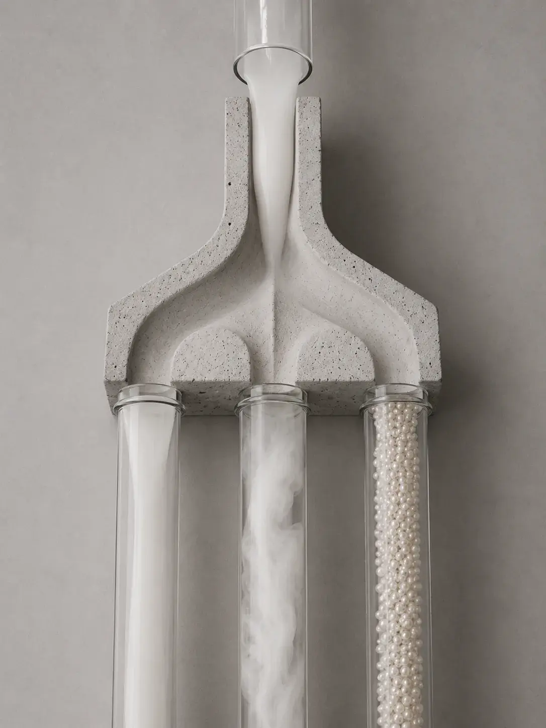 Socle en pierre bifurqué soutenant des tubes de verre remplis de perles, sculpture architecturale nacrée