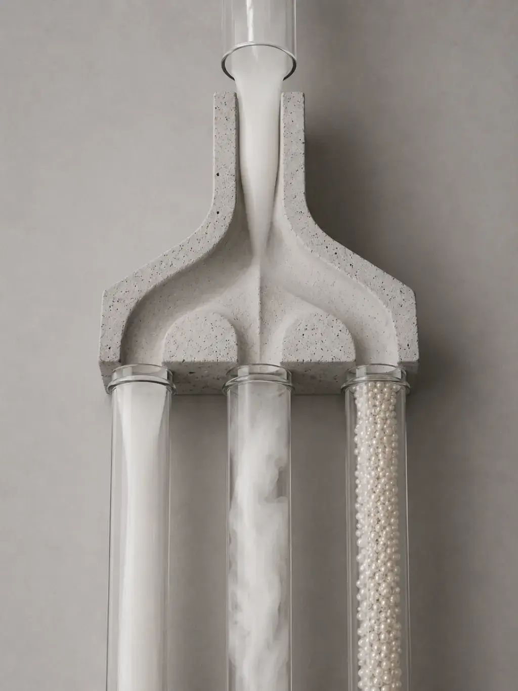 Socle en pierre bifurqué soutenant des tubes de verre remplis de perles, sculpture architecturale nacrée