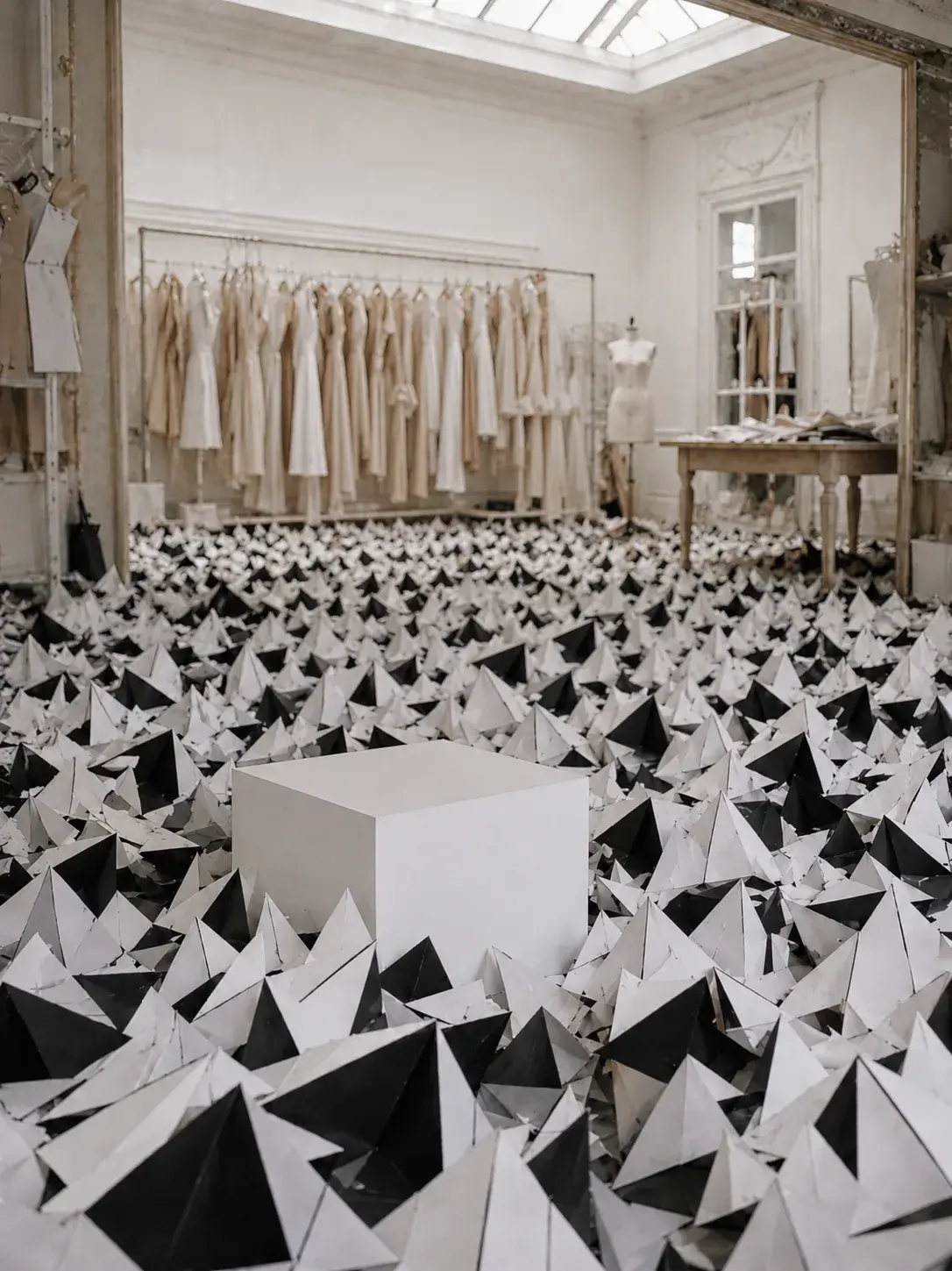 Sol d'atelier couture envahi de pyramides origami noir et blanc – cube blanc et portants en fond