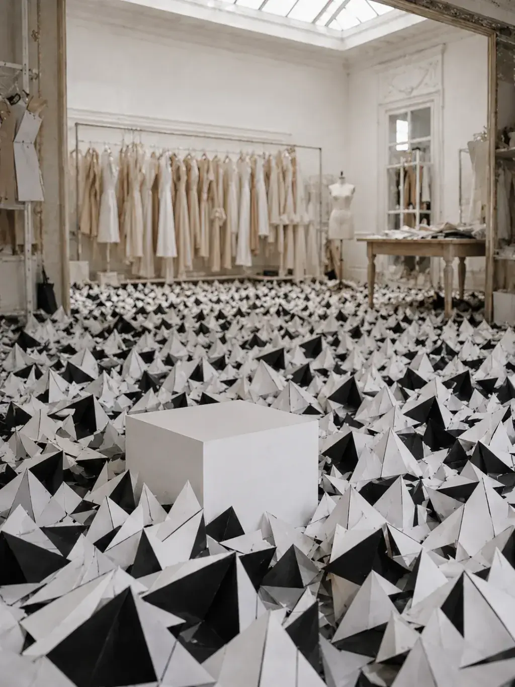 Sol d'atelier couture envahi de pyramides origami noir et blanc – cube blanc et portants en fond