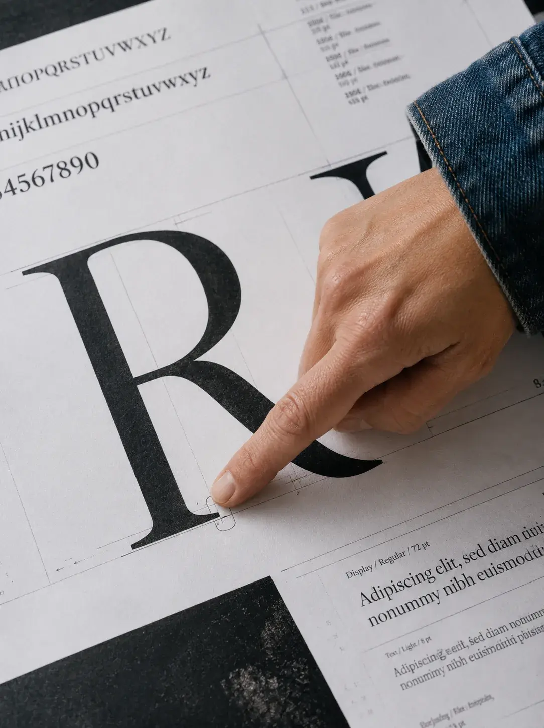 Spécimen typographique – grande lettre sérif, impression, studio