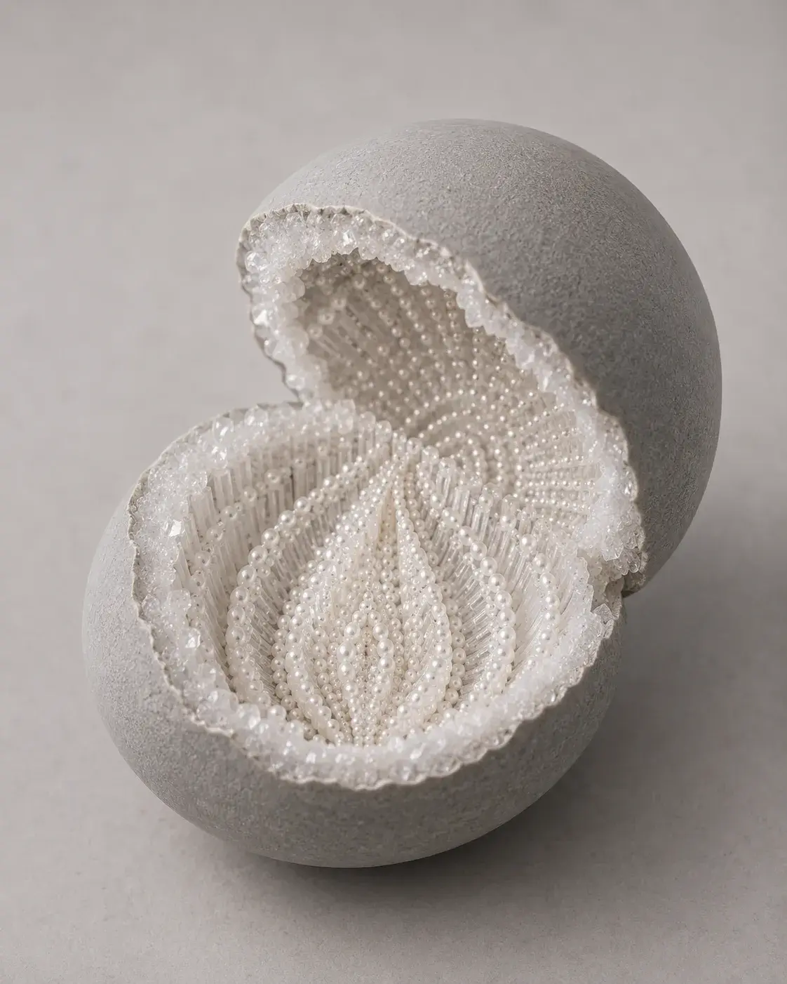 Sphère de pierre brisée révélant un intérieur brodé de perles et cristaux, géode nacrée