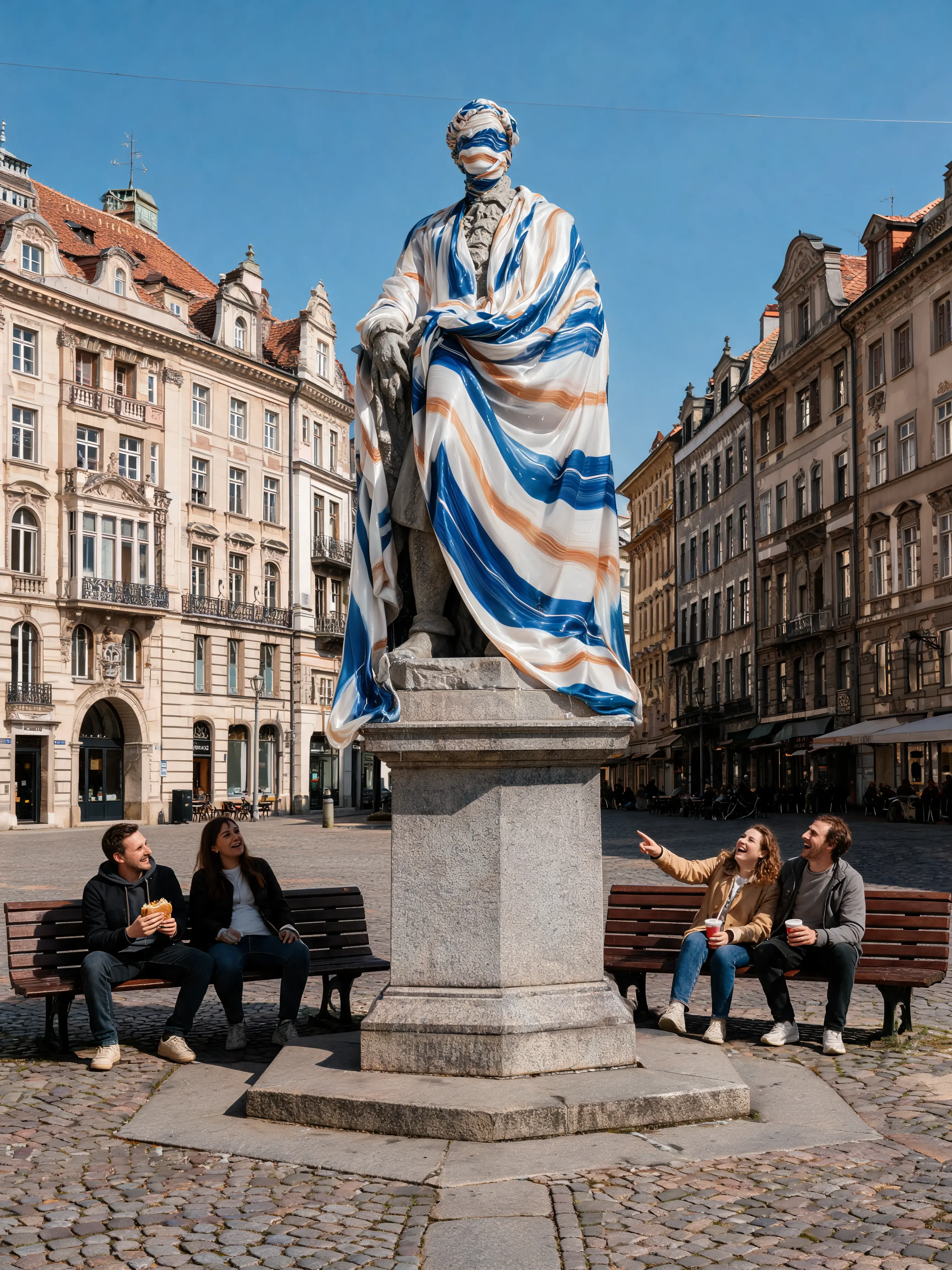 Statue classique de place recouverte de matière marbré rayée – ville européenne, passants