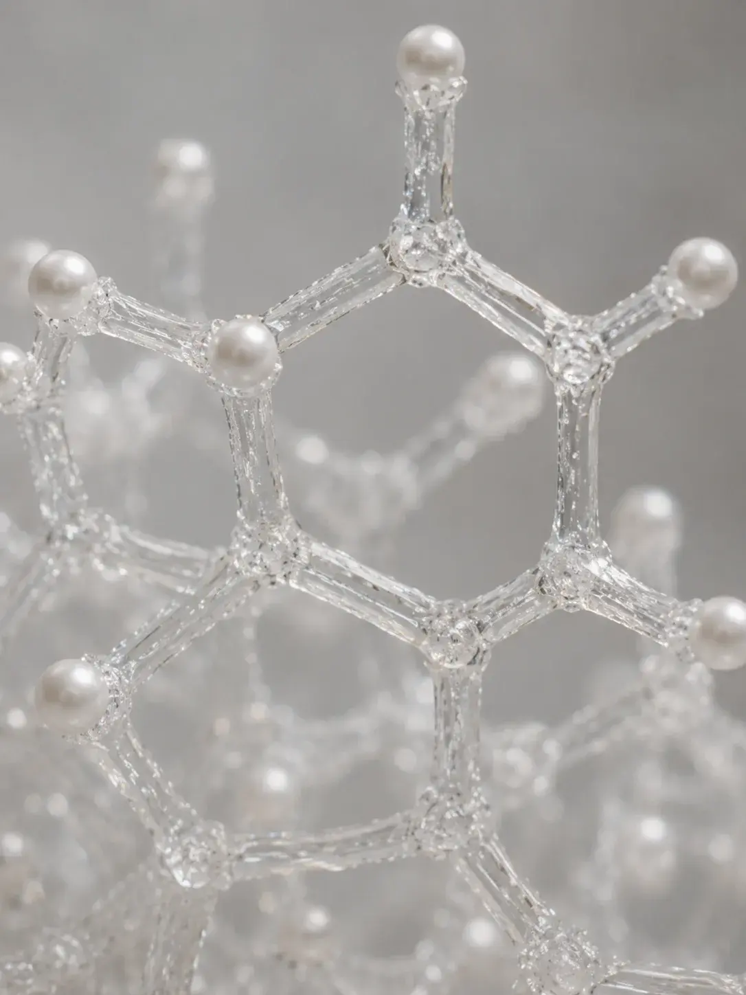 Structure moléculaire hexagonale en verre transparent avec perles de culture aux nœuds, modèle nacré