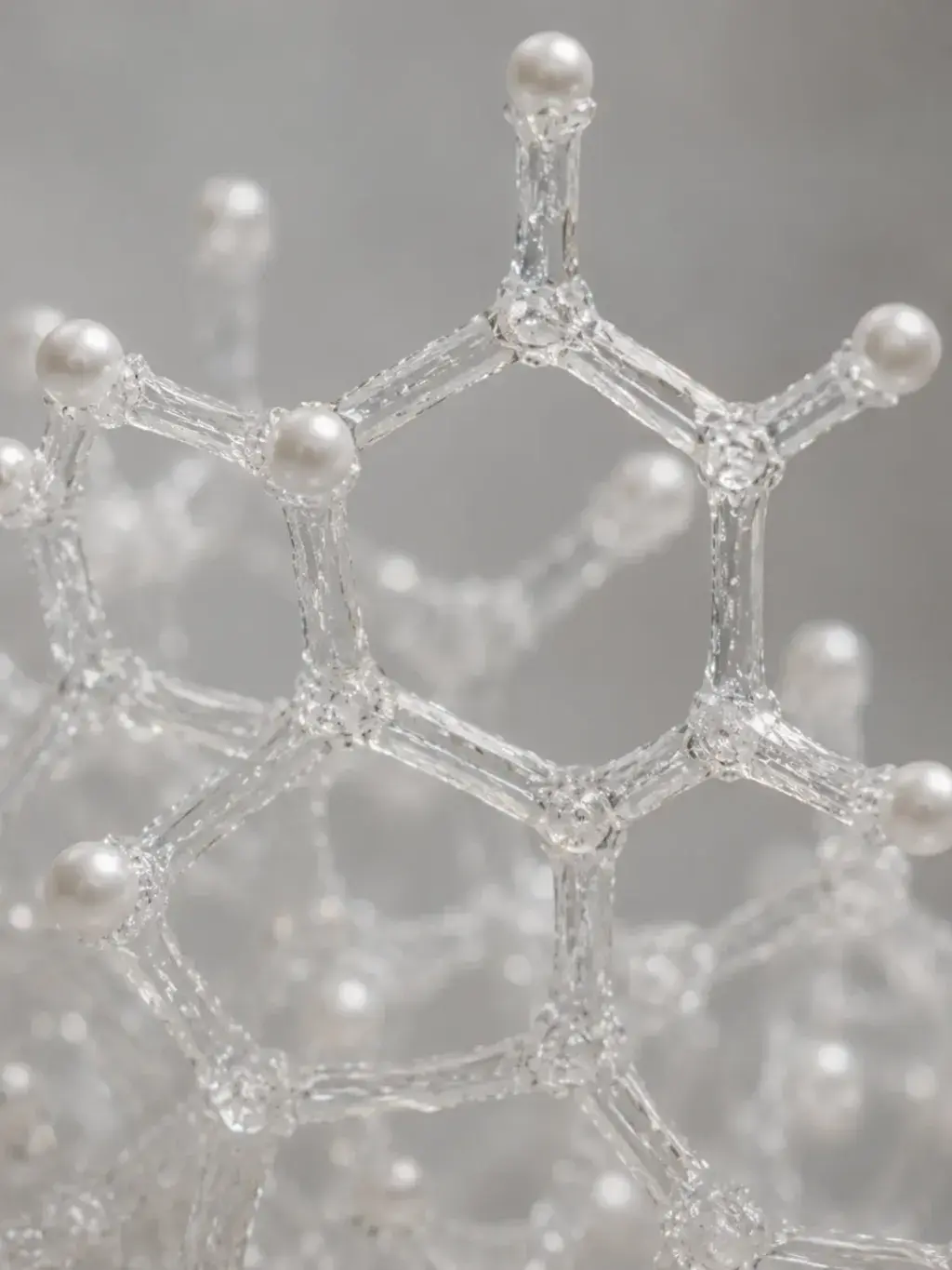 Structure moléculaire hexagonale en verre transparent avec perles de culture aux nœuds, modèle nacré