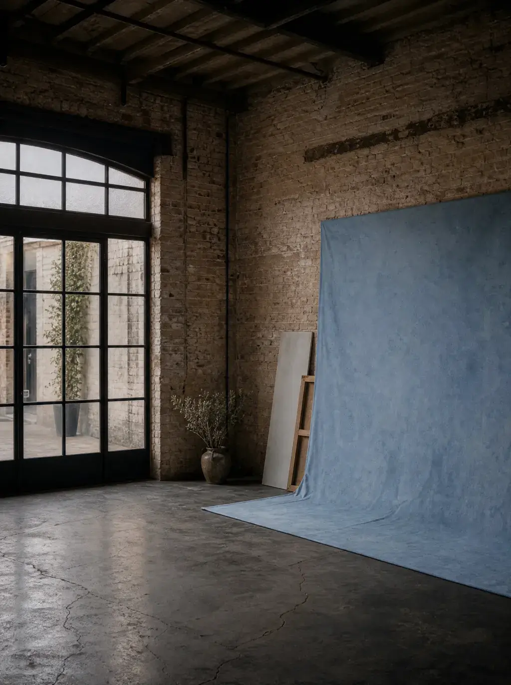 Studio photo professionnel vide avec fond en tissu bleu-gris dans un loft industriel en brique