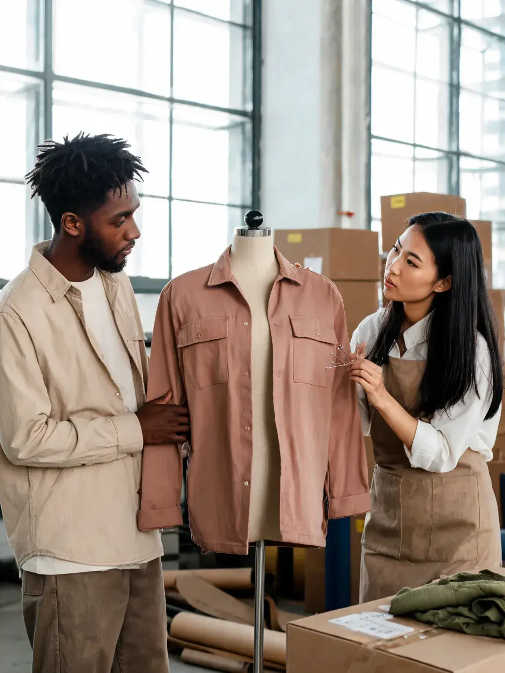 Styliste ajustant chemise terracotta sur mannequin couture – collègue observant, pince, atelier loft