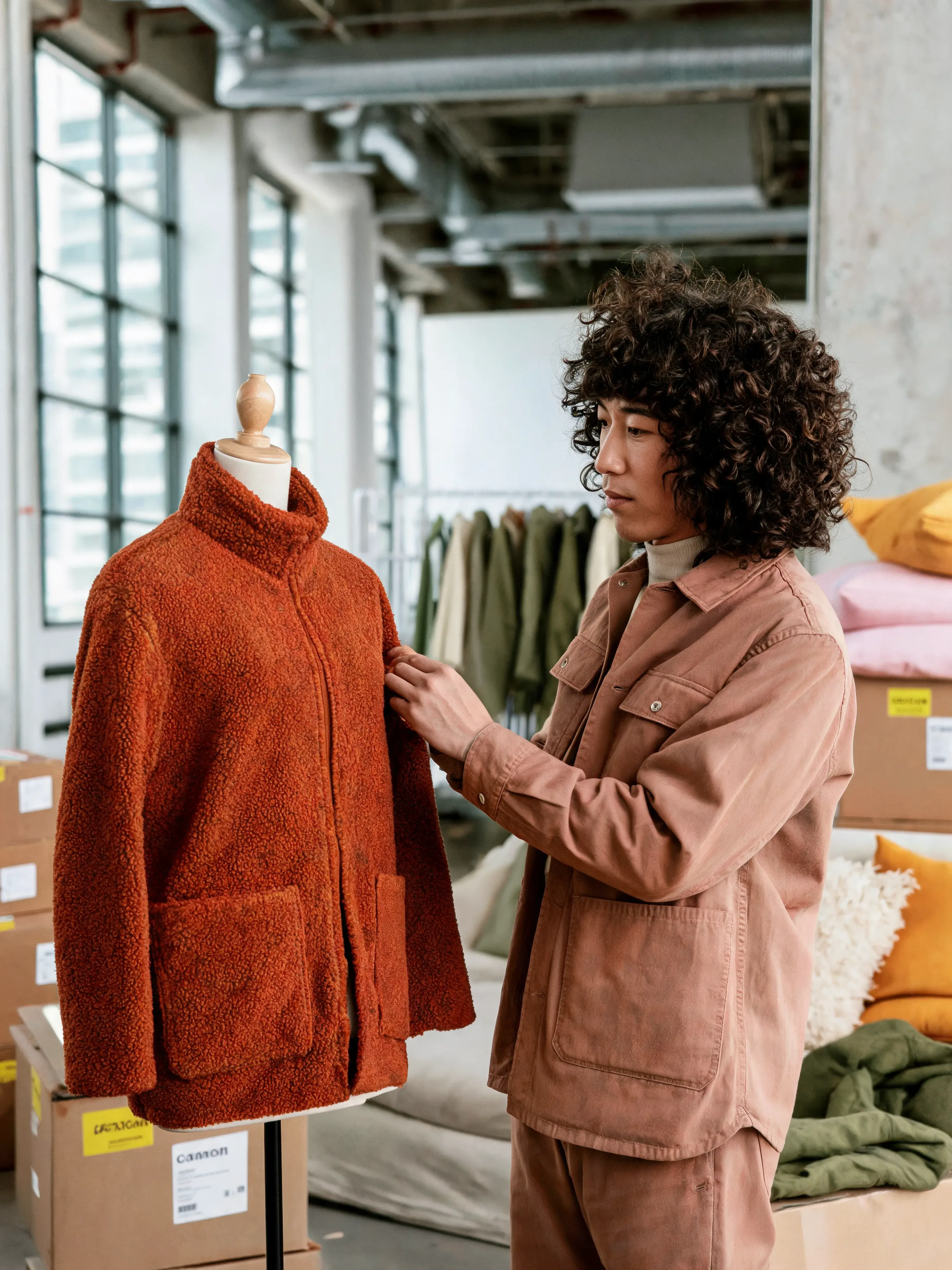Styliste ajustant pull bouclé terracotta vif sur mannequin de couture – lunettes, loft, coussins fond