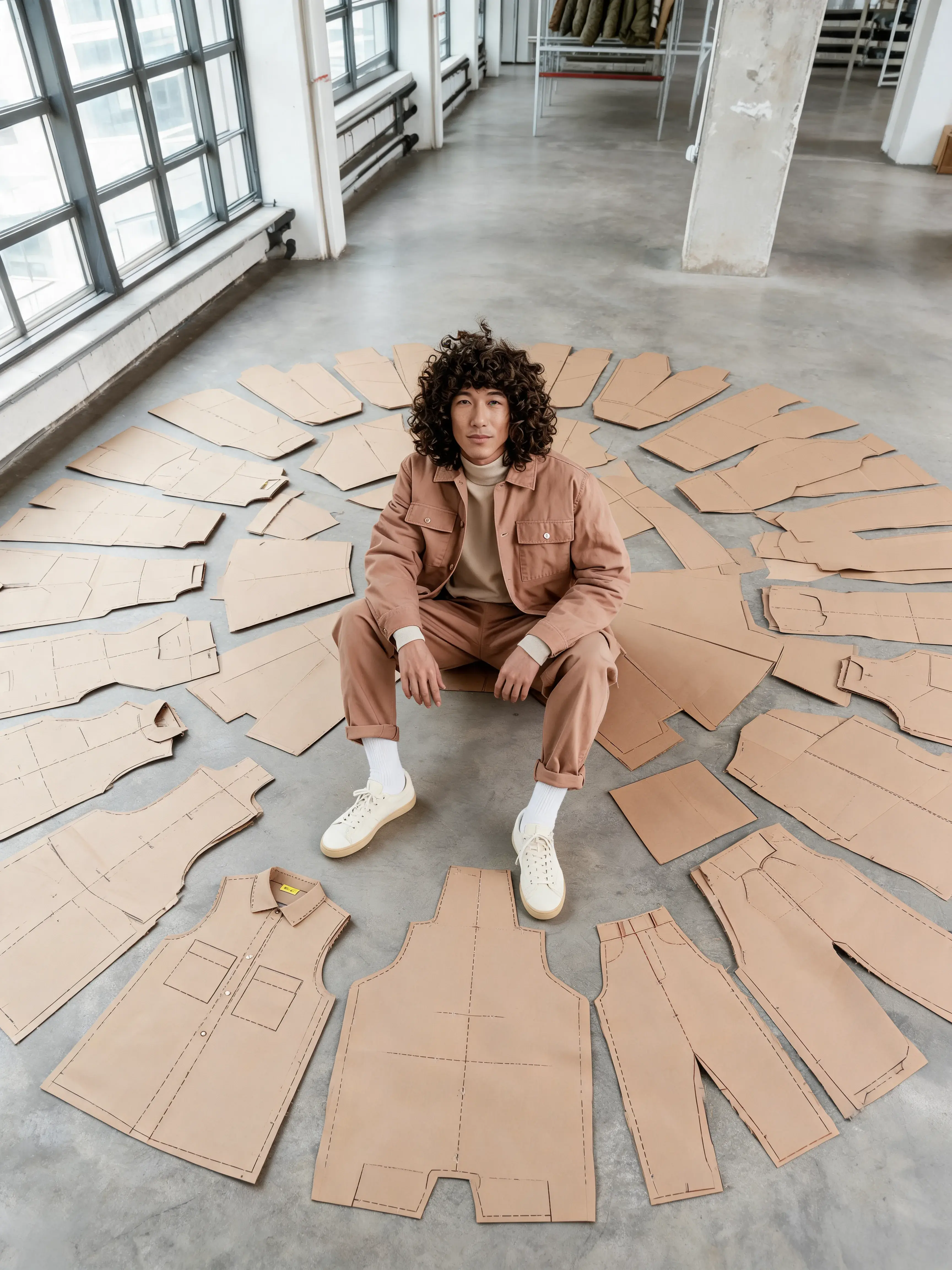 Styliste assis parmi patrons de couture – vue de dessus, papier kraft, sol béton, loft industriel