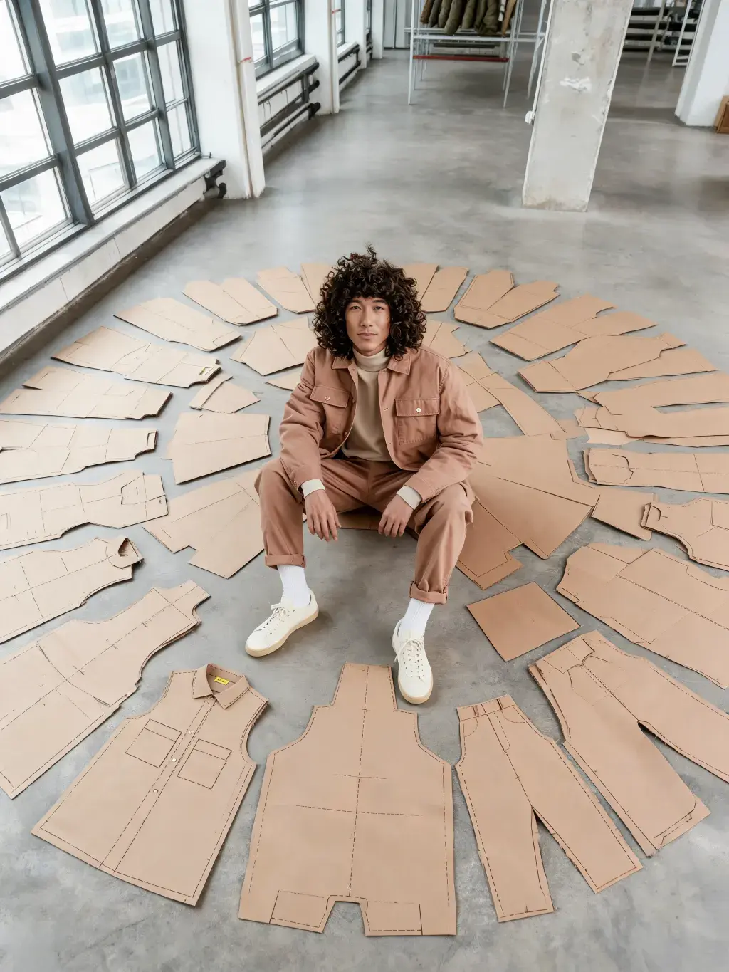 Styliste assis parmi patrons de couture – vue de dessus, papier kraft, sol béton, loft industriel