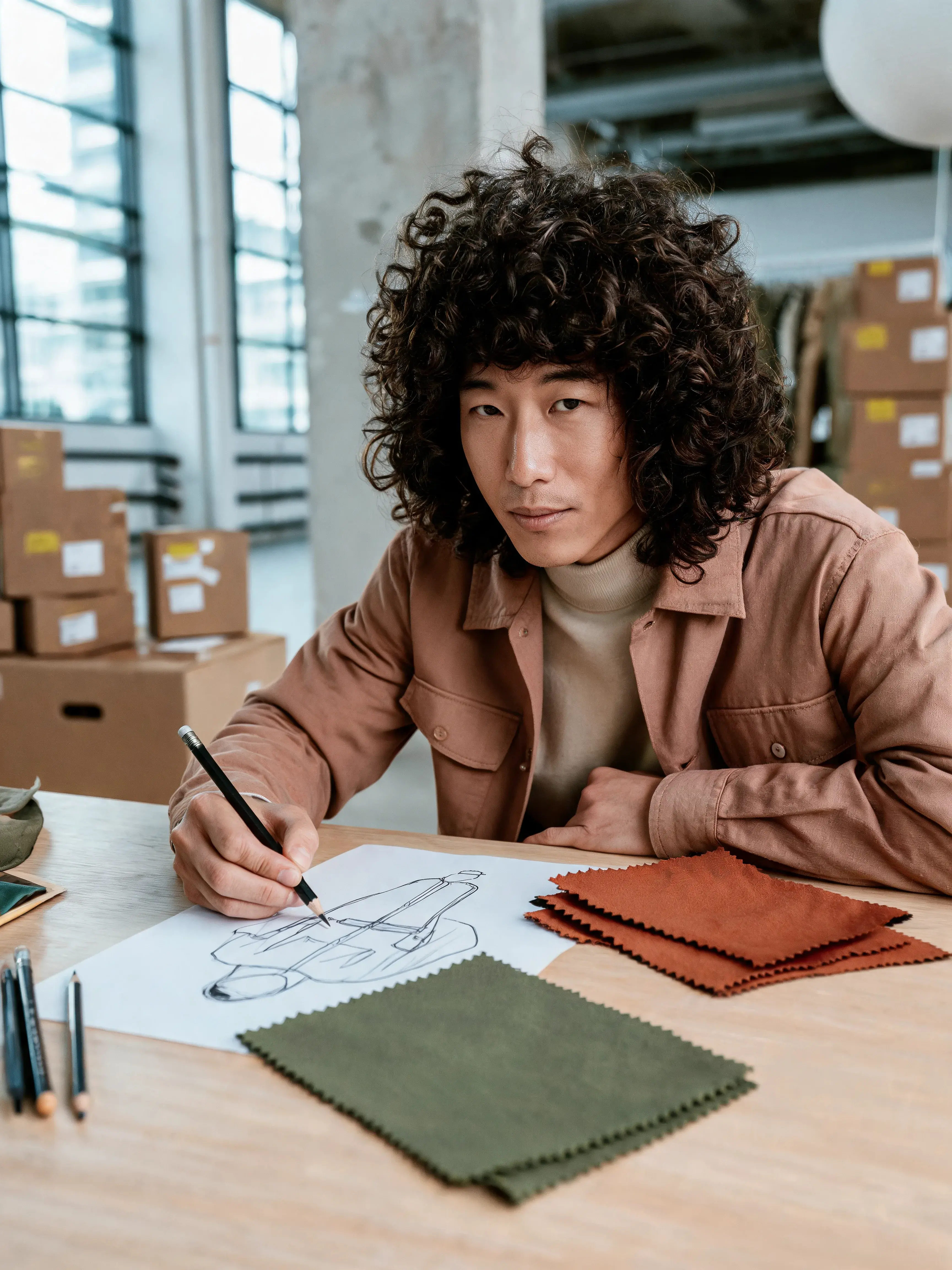 Styliste dessinant silhouette de veste avec échantillons tissu – table bois, regard caméra, loft