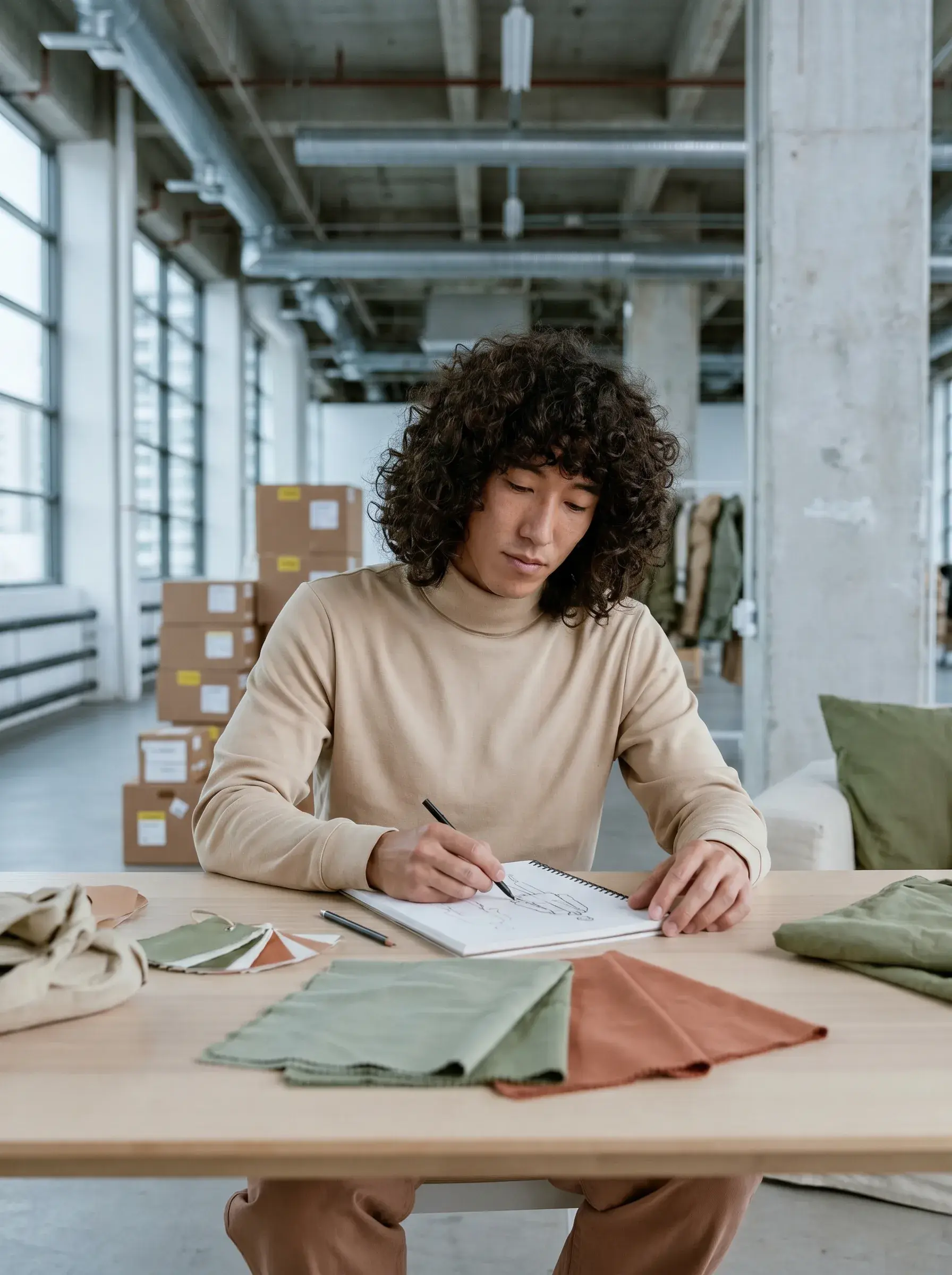 Styliste masculin prenant notes avec échantillons tissu – carnet, table bois, loft lumineux