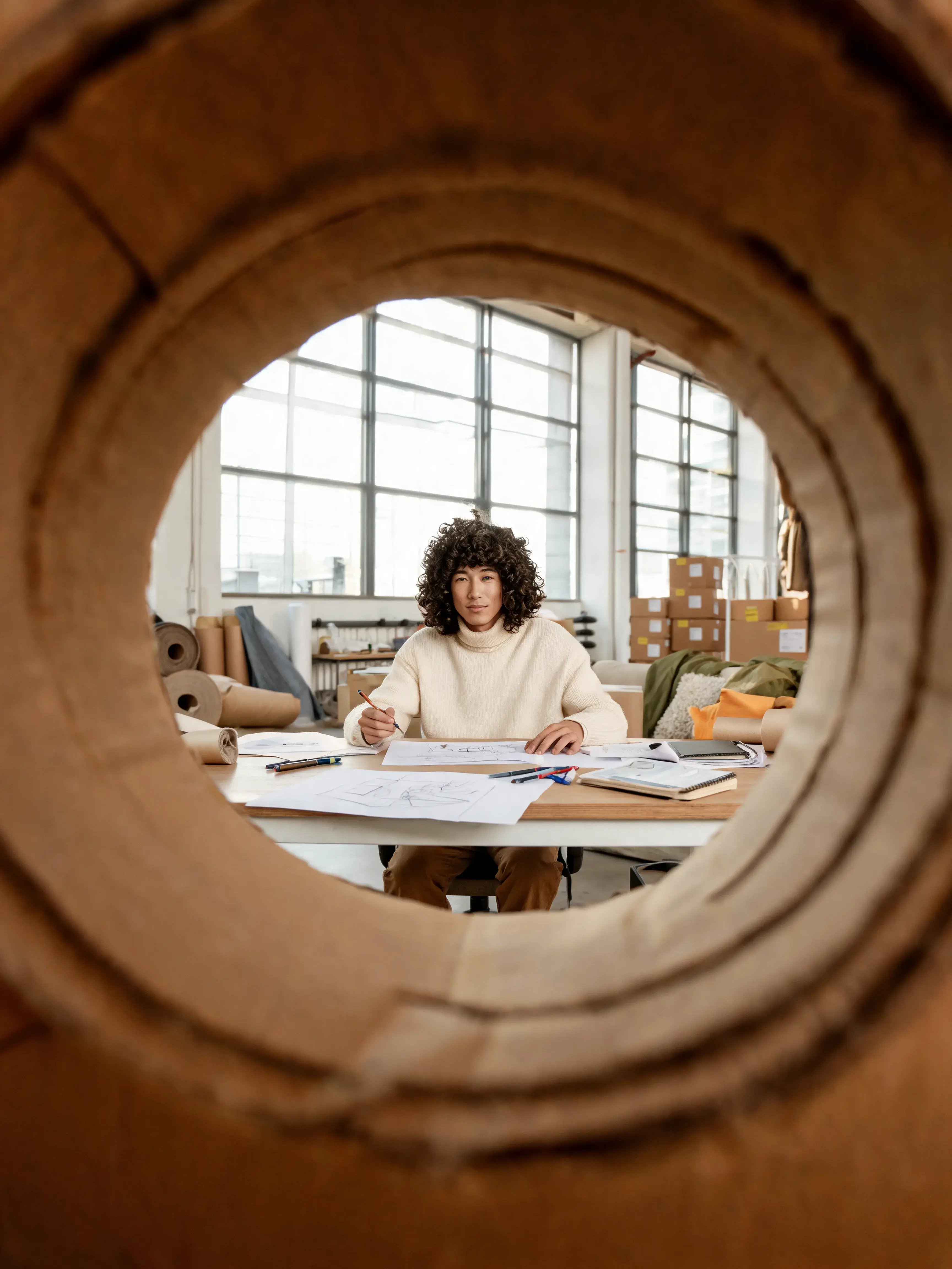 Styliste vu à travers rouleau papier kraft – bureau croquis plans, atelier industriel
