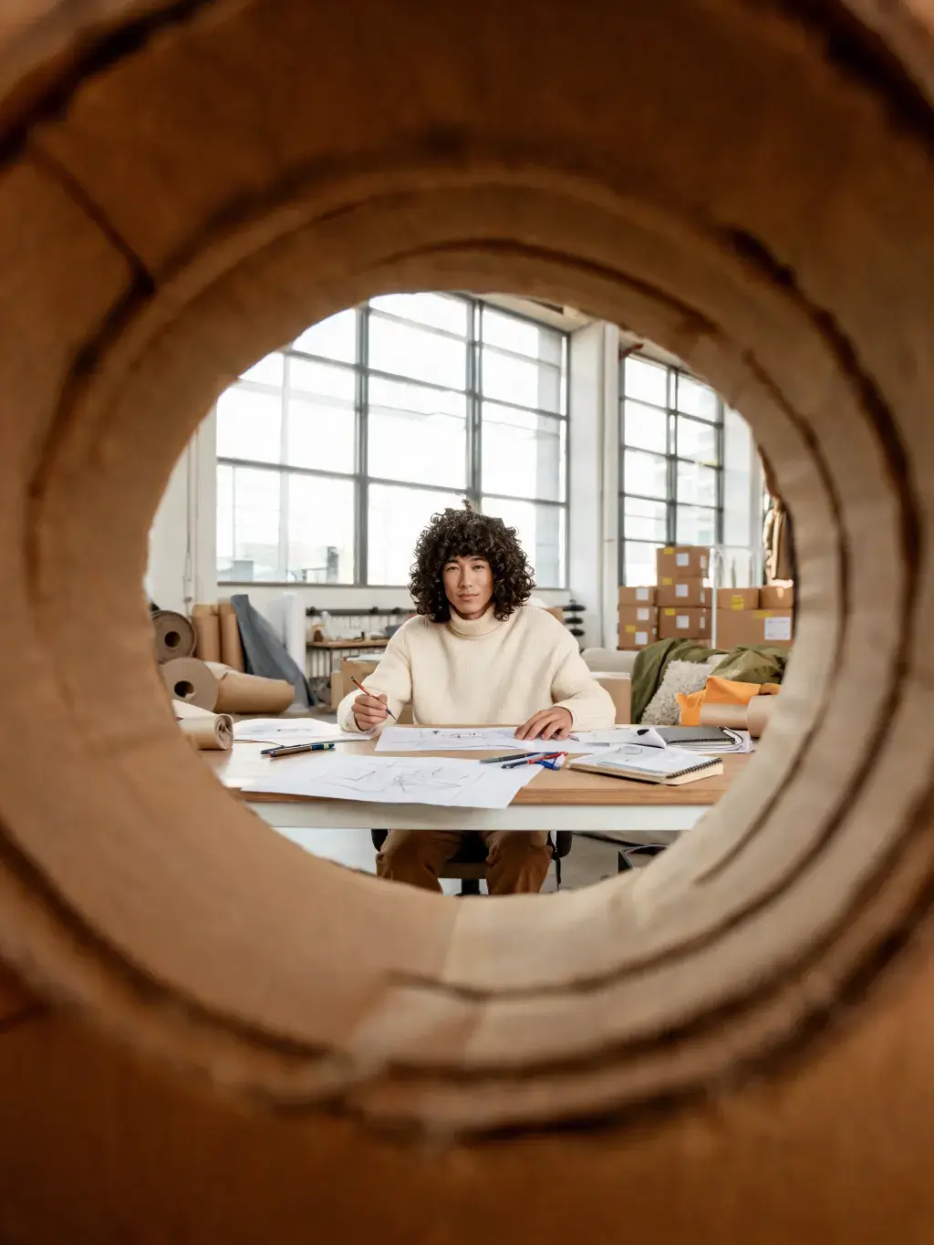Styliste vu à travers rouleau papier kraft – bureau croquis plans, atelier industriel