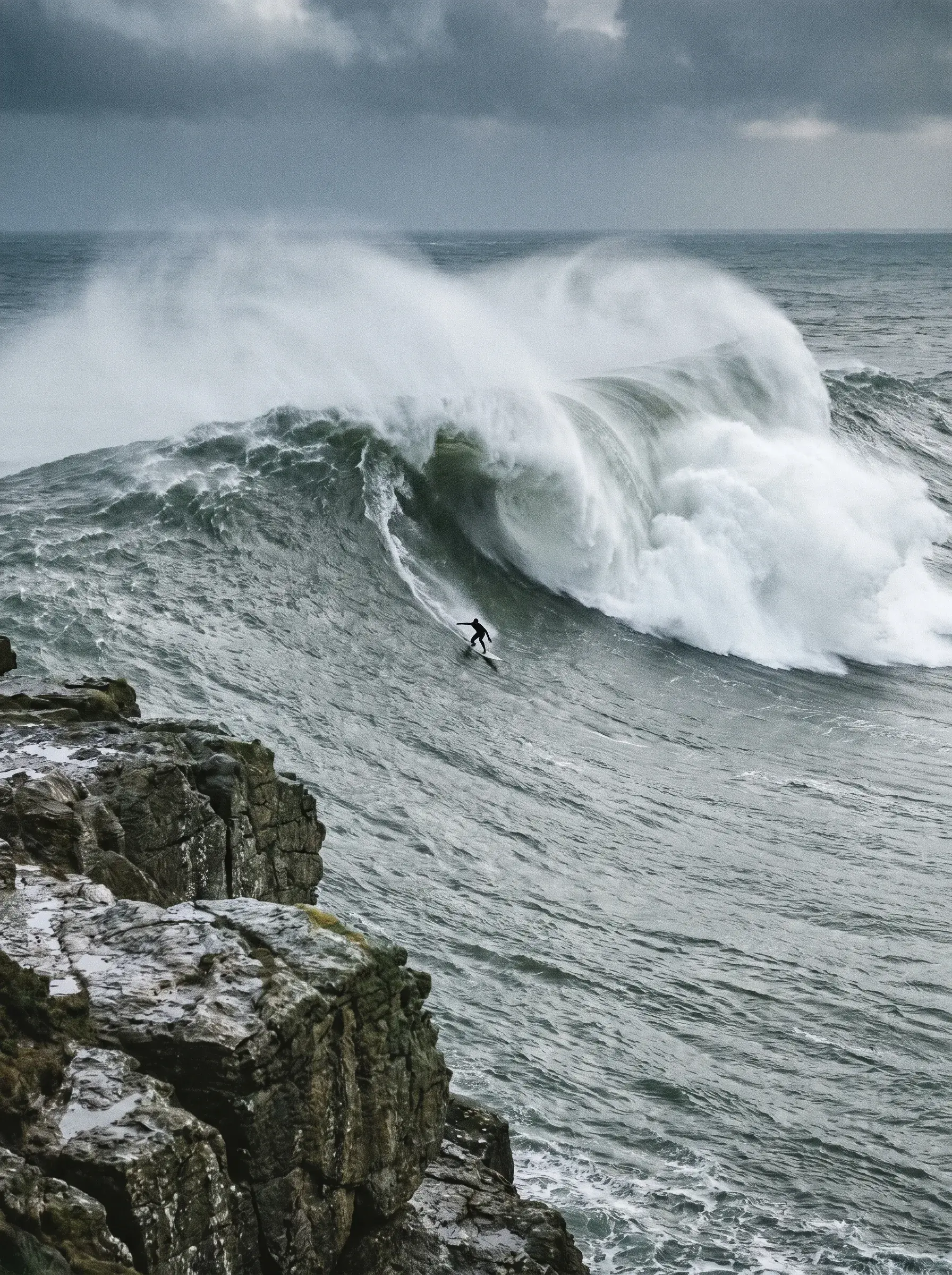 Surfeur descendant une énorme vague sous un ciel d'orage