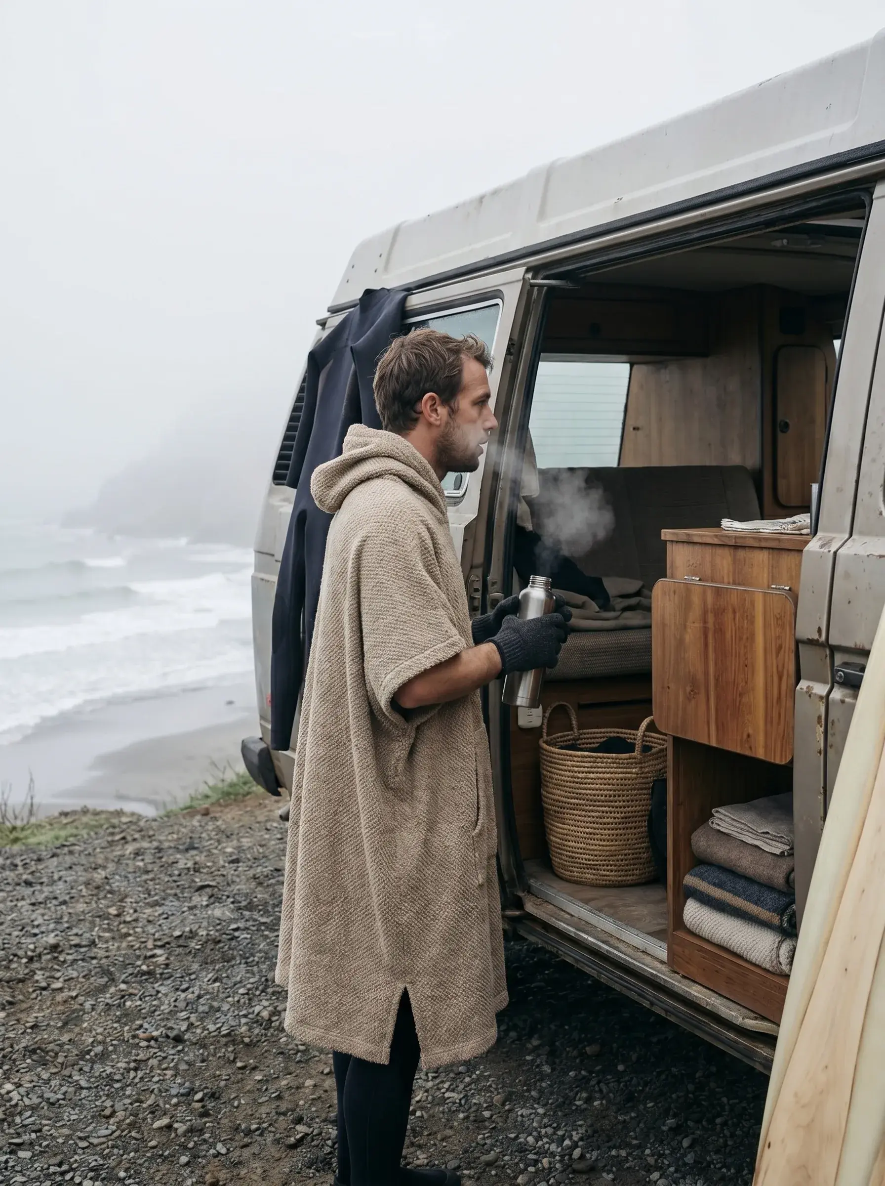 Surfeur en poncho devant son van aménagé face à l'océan