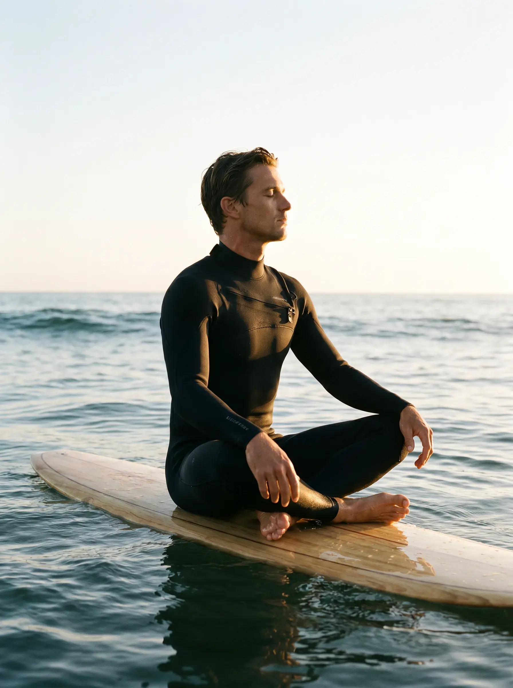 Surfeur en position de méditation sur son longboard en mer