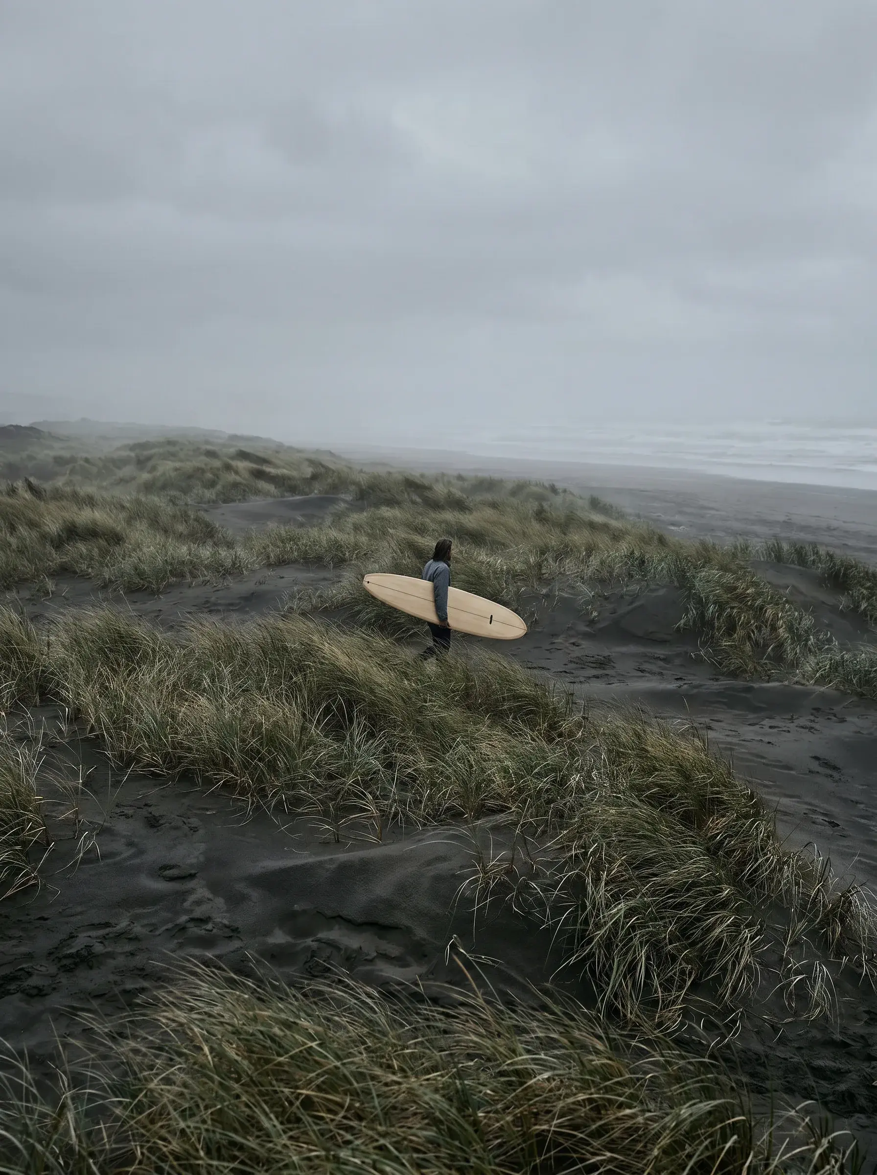 Surfeur portant une planche en bois marchant dans les dunes côtières sous ciel gris
