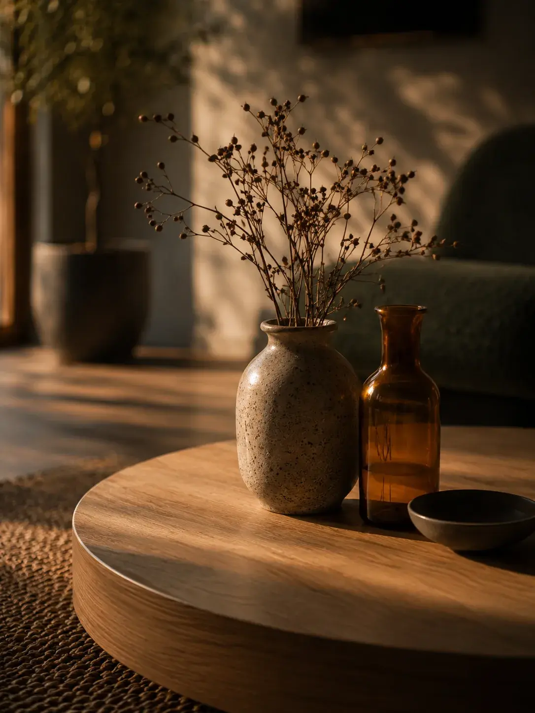 Table basse ronde en bois avec vase grès, bouteille ambre et branches séchées, lumière chaude latérale
