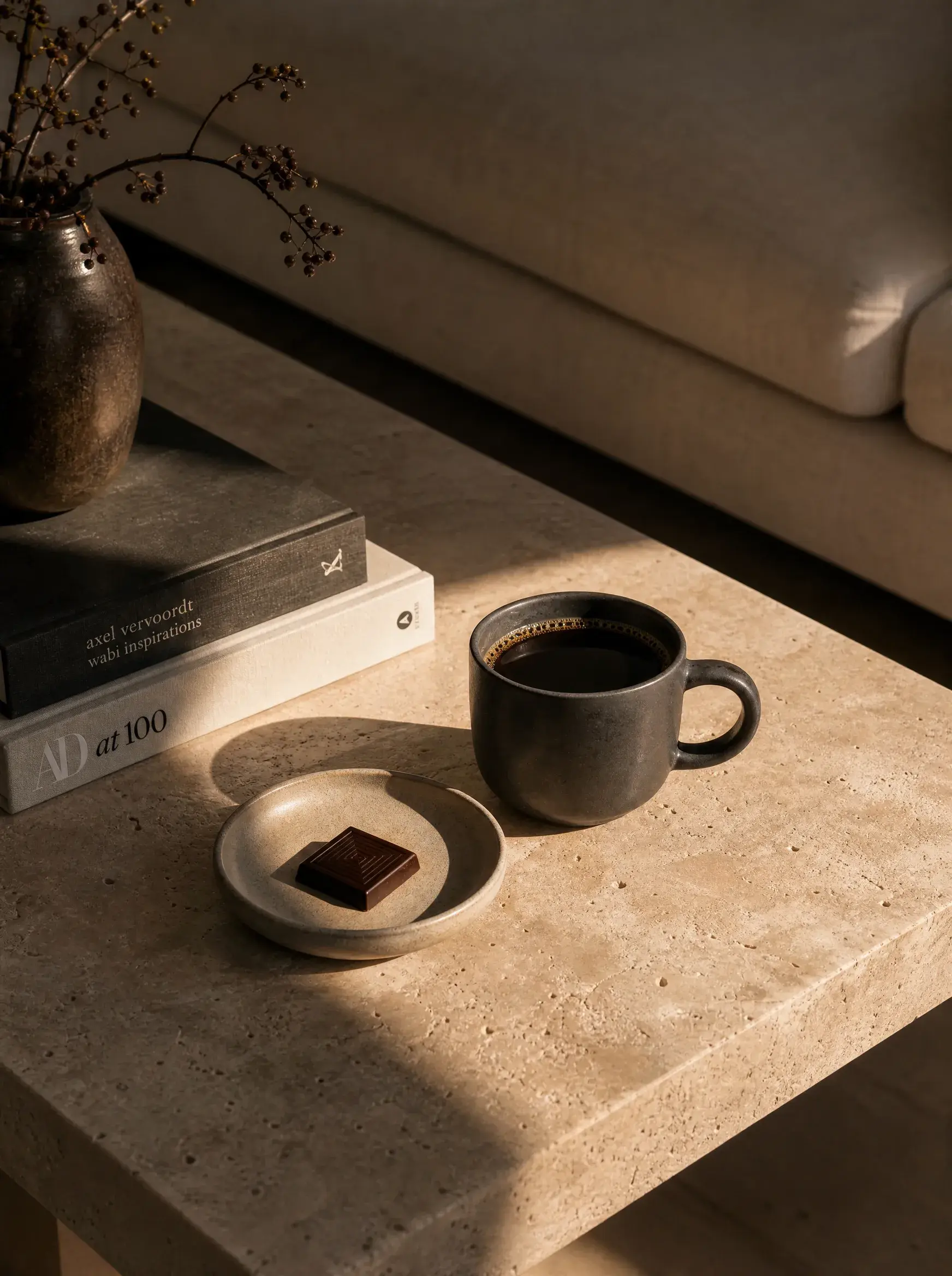 Table basse travertin – mug café noir, carré chocolat, livres d'art, vase soliflore, lumière rasante