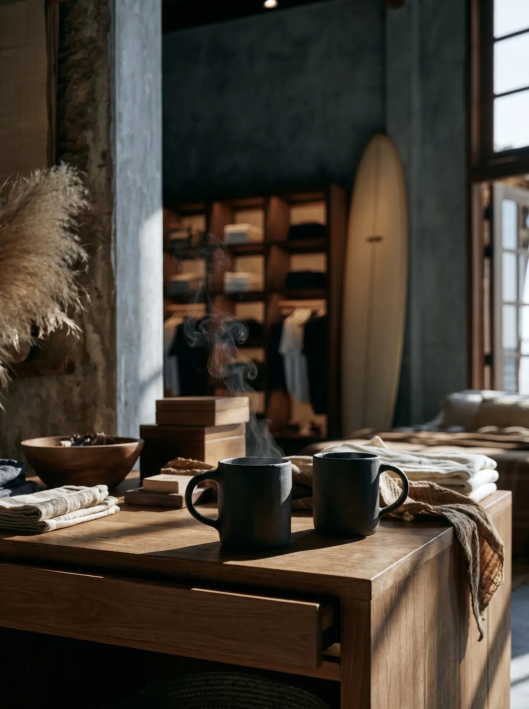Table en bois avec mugs noirs, textiles et caisses dans une boutique de surf