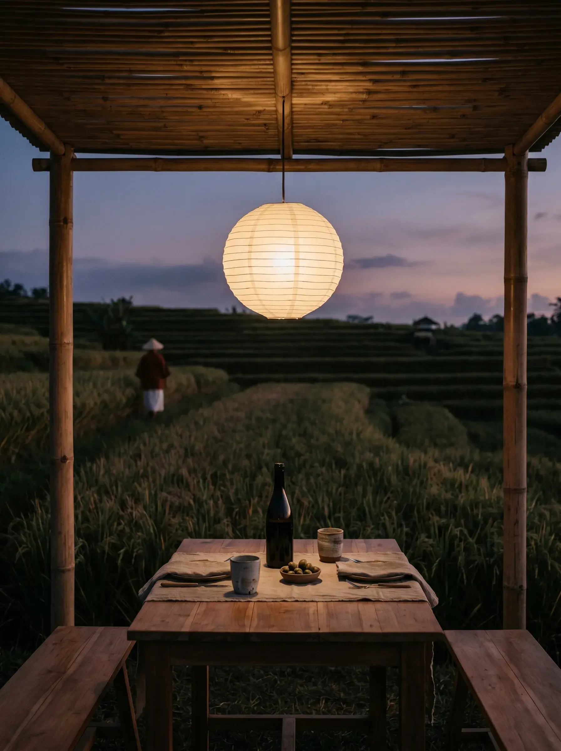 Table en bois sous abri de bambou avec lanterne japonaise allumée, bouteille et bols, face à des rizières en terrasses au crépuscule violet-rosé